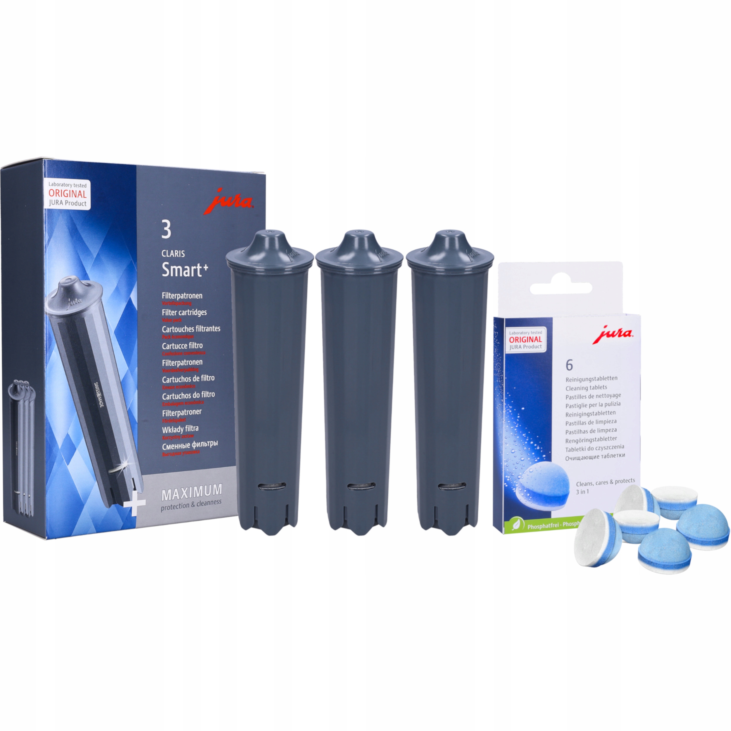 Vodné filtre Jura Claris Smart + 24233 3 ks + Čistiace tablety pre Kettles and Coffee Machines Jura 62715 6 ks.