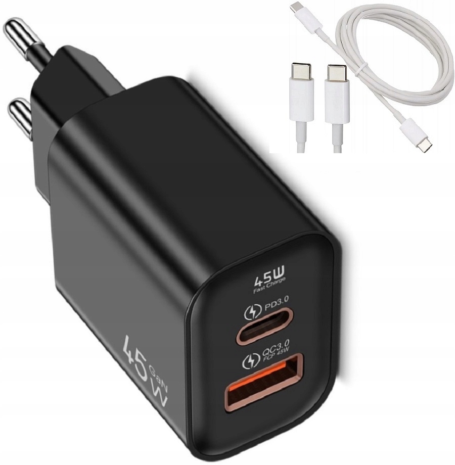 RÝCHLA SIEŤOVÁ NABÍJAČKA 45W PRE TELEFÓN 1xUSB 1x USB-C + RÝCHLY KÁBEL