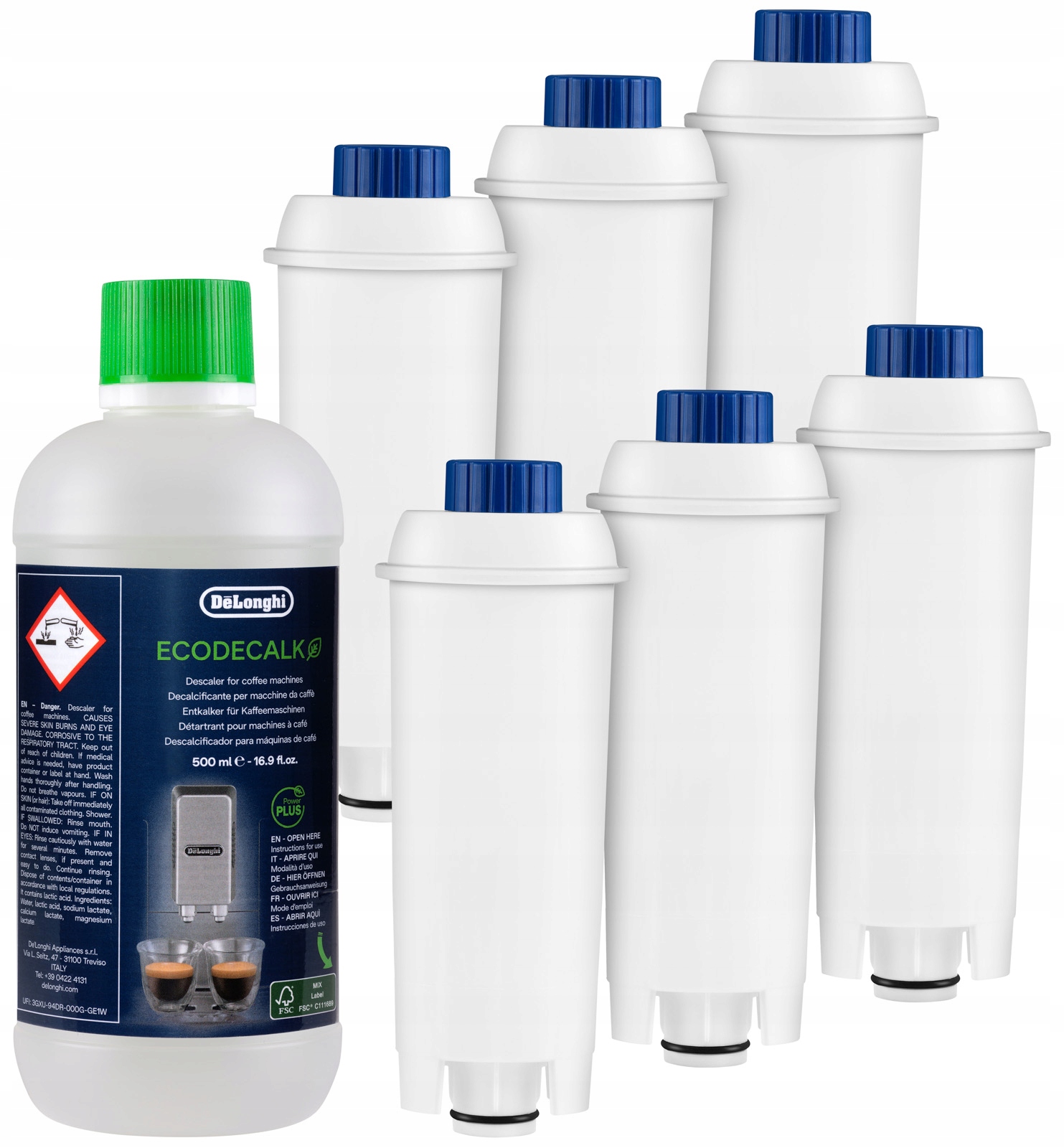 6× Aqua Next AN02 vodný filter pre kávovar Delonghi biely 1 ks + Odstraňovač vodného kameňa pre kávovar DeLonghi DLSC500 500 ml