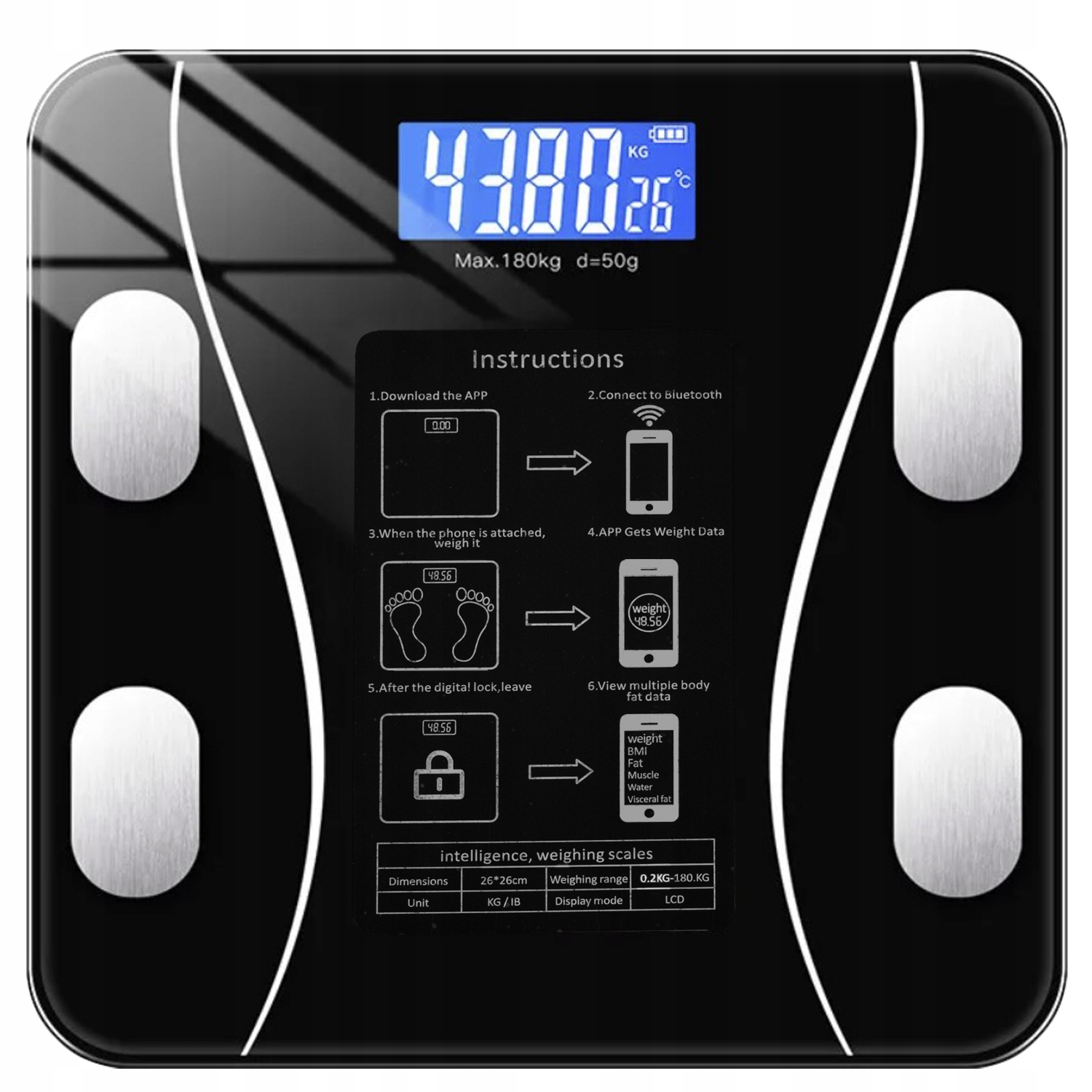 Ruhhy kúpeľňová váha Analytická kúpeľňová váha 180 kg Bluetooth BT