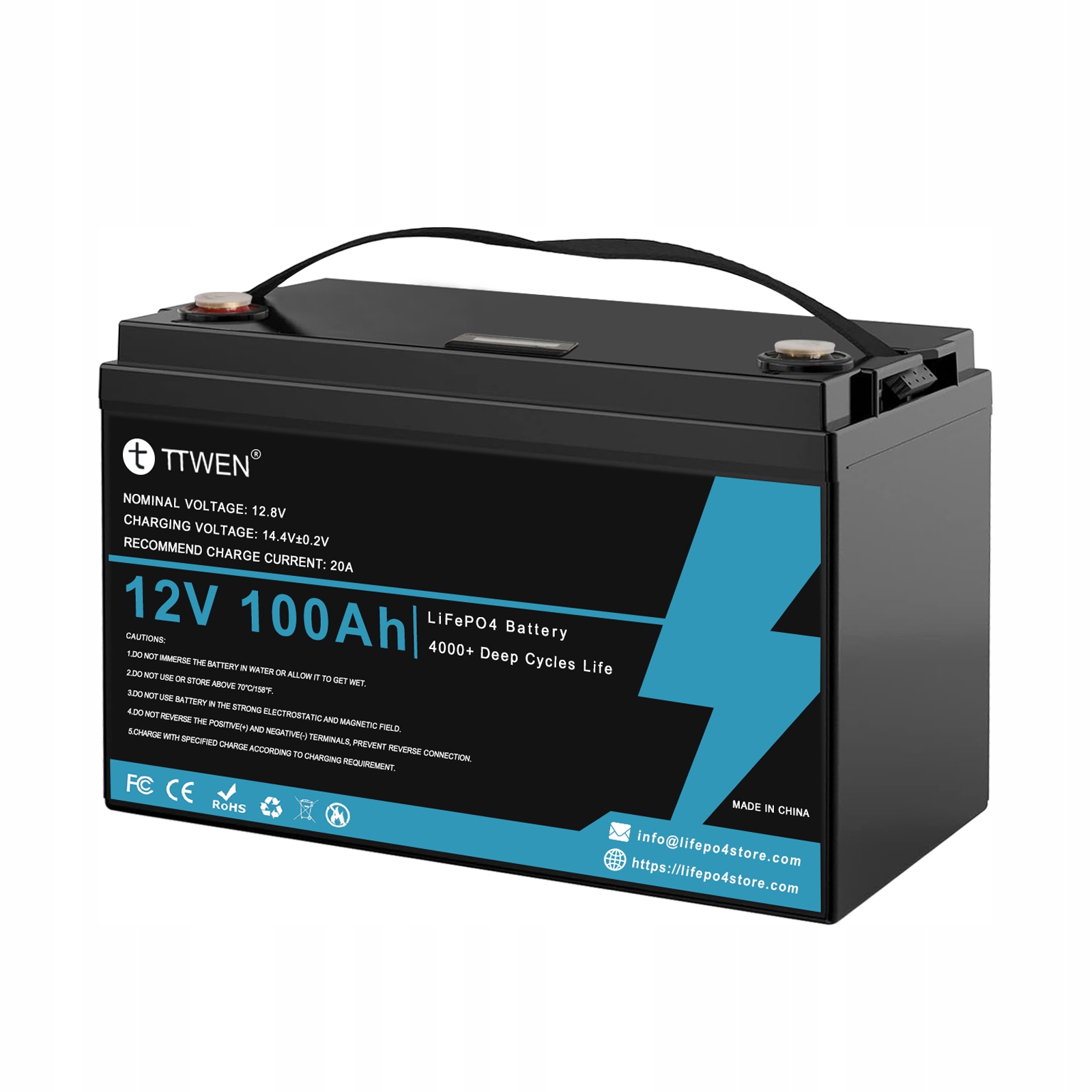 TTWEN Lifepo4 Lithium Battery 12V 100A 1280WH CYCLE LIFE 4000 BMS