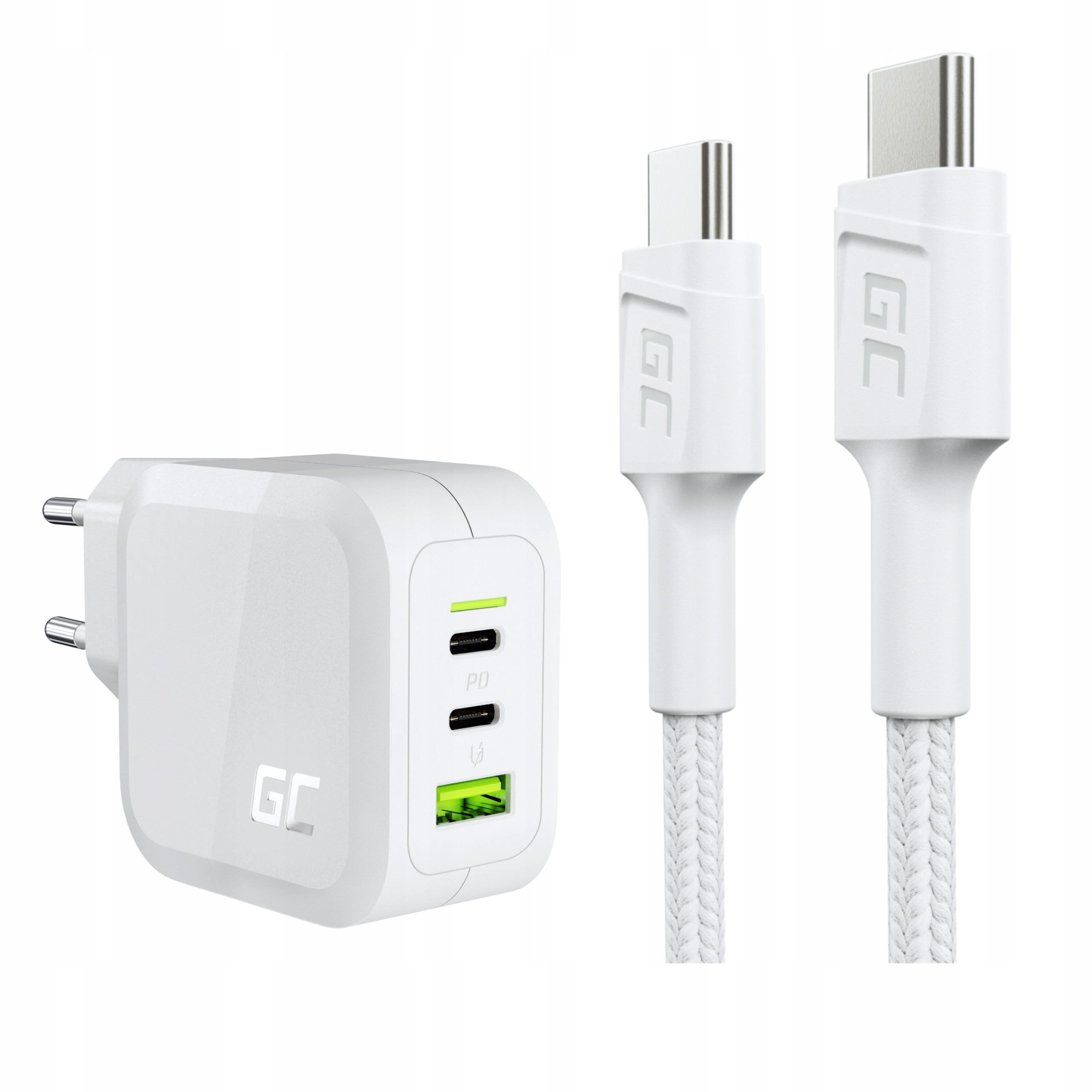 GC PowerGaN 65W nabíjačka 2x USB-C 1x USB-A QC 3.0 + biely zelený kábel typu USB-C - USB-C 2m