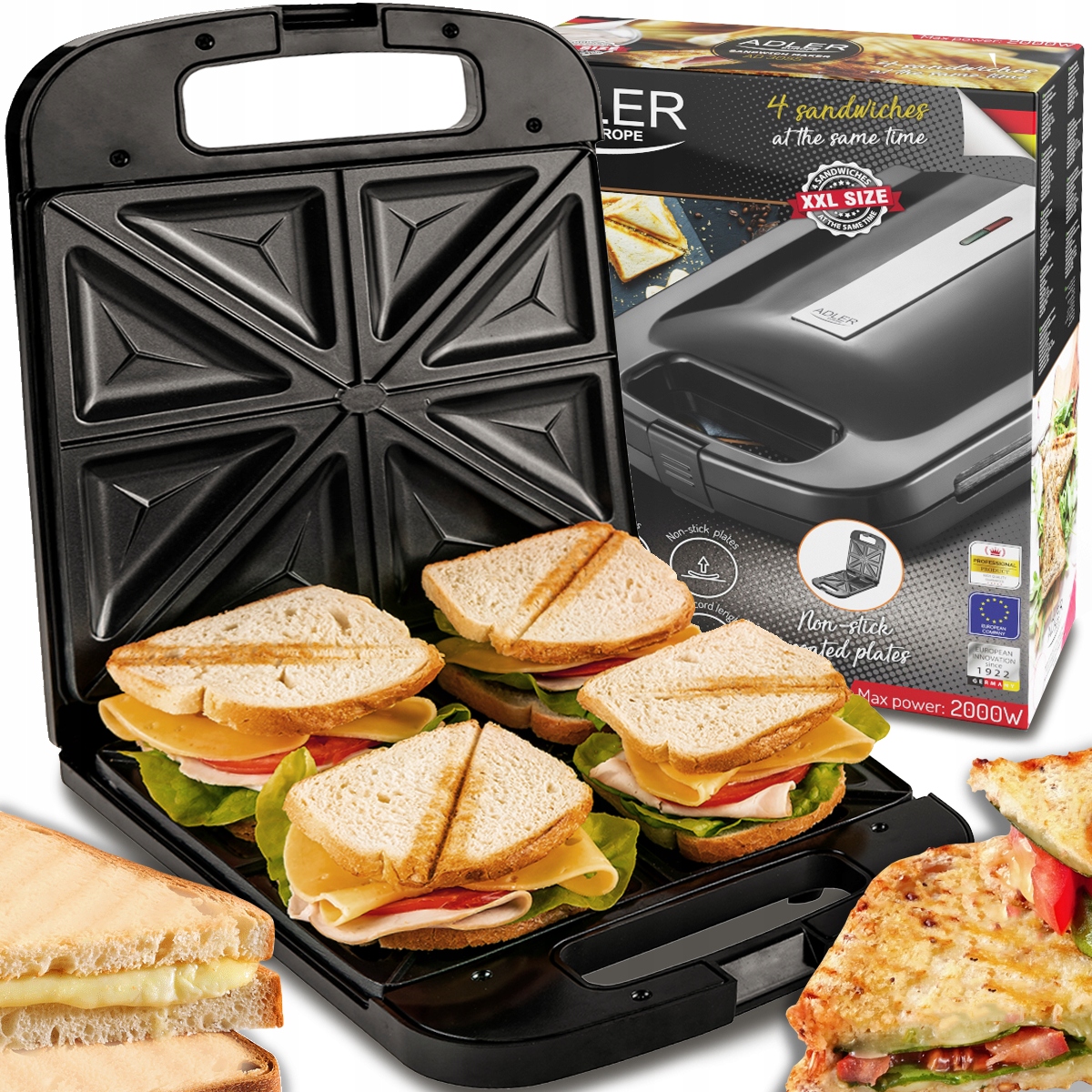 Hriankovač Adler AD 3055 čierny 2000 W + Záručný list produktu
