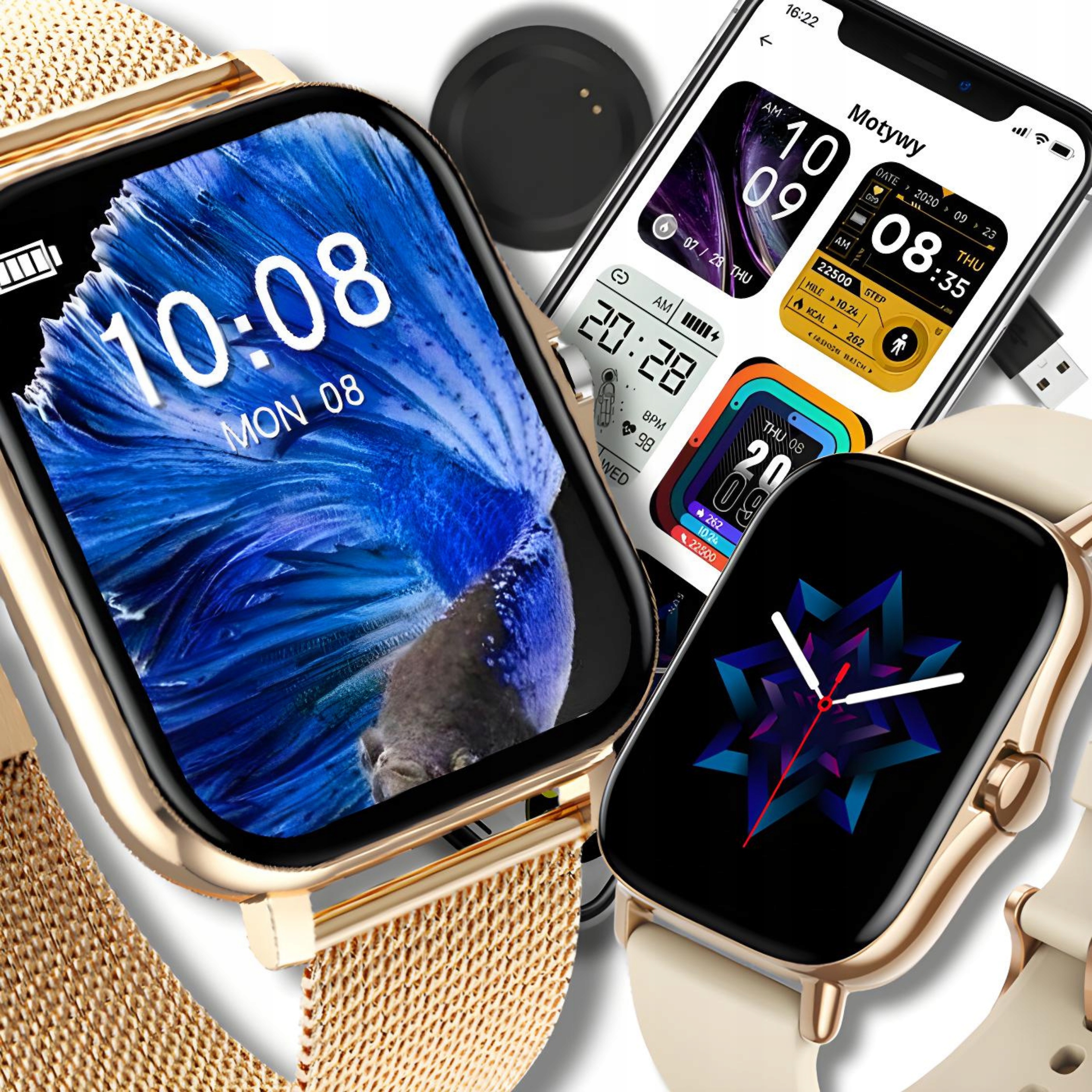 SMARTWATCH DÁMSKE BLUETOOTH HODINKY PL TALKS WATCHART zlaté + USB KÁBL NABÍJAČKA NA SMART HODINKY GARETT KIDS 4D