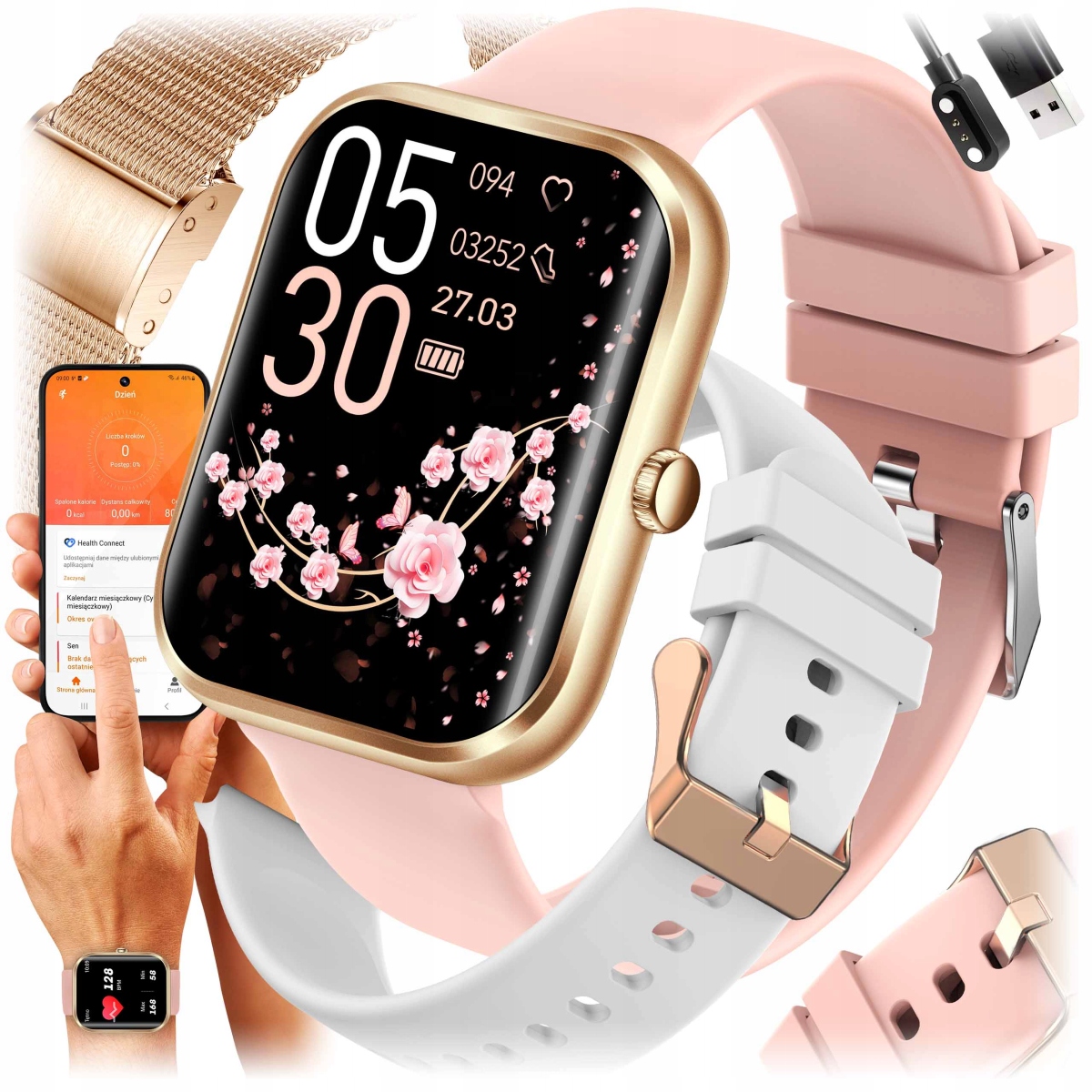 NejtStyle SMARTWATCH PRE ŽENY POLISH MENU (QS-40) inteligentné hodinky zlaté + USB KÁBEL NABÍJAČKA SMARTWATCH