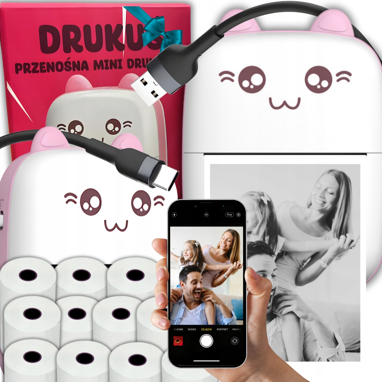 DRUKUŚ MINI TEPELNÁ TLAČIAREŇ MAČKA NA FOTOGRAFIE + DARČEK 11 KS ROLEČOV