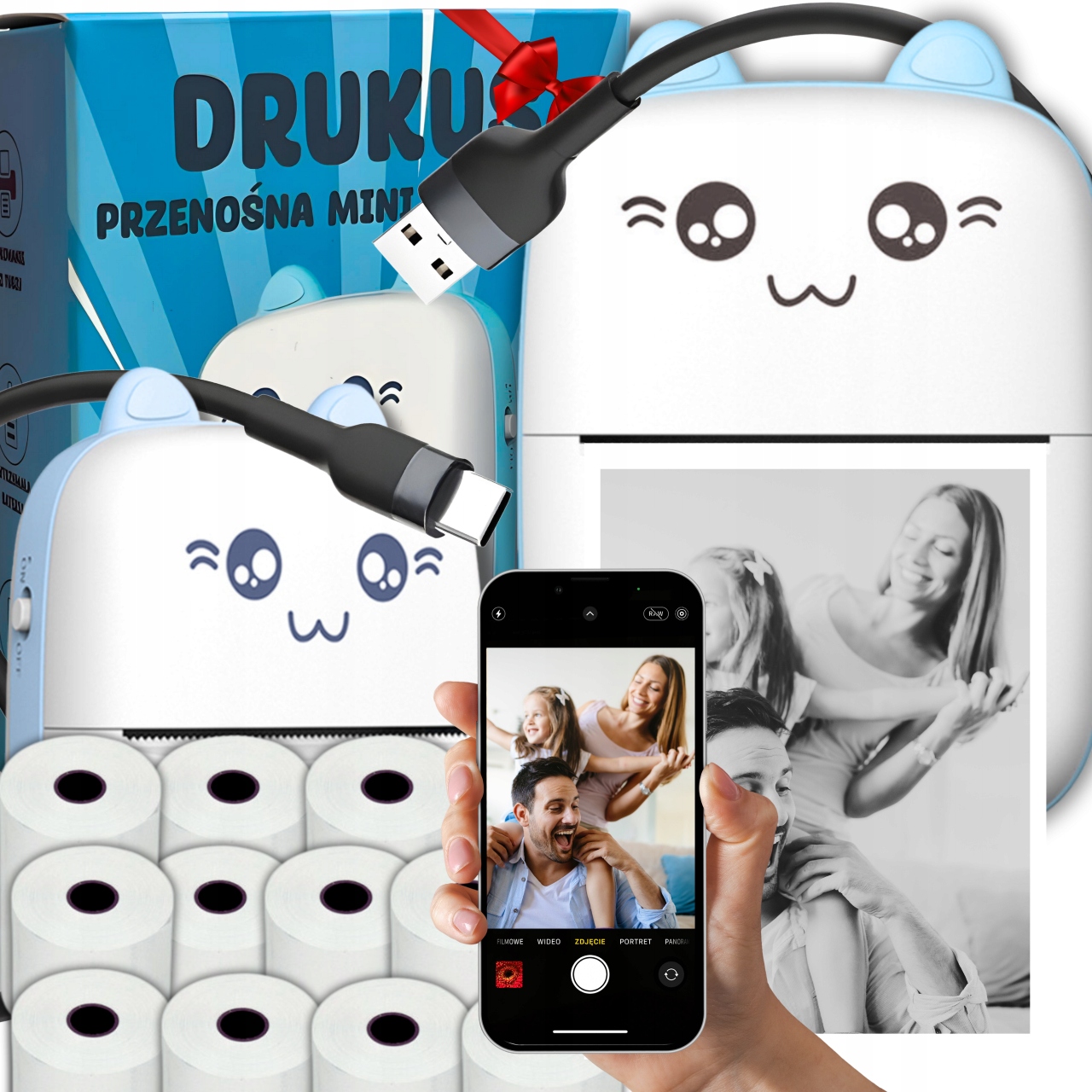 DRUKUŚ MINI TEPELNÁ TLAČIAREŇ MAČKA NA FOTOGRAFIE + DARČEK 11 KS ROLEČOV