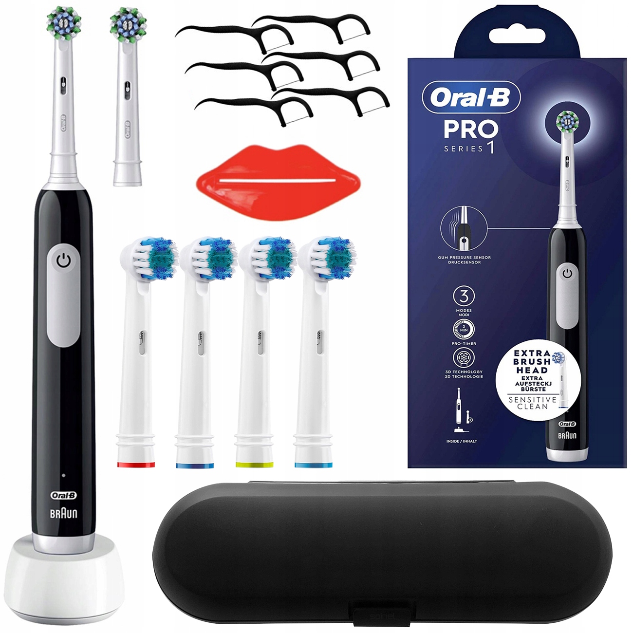 ČIERNA ELEKTRICKÁ ZUBNÁ KEFKA SÉRIE ORAL-B PRO 1 + PRÍSLUŠENSTVO PÚZDRA NA HLAVY