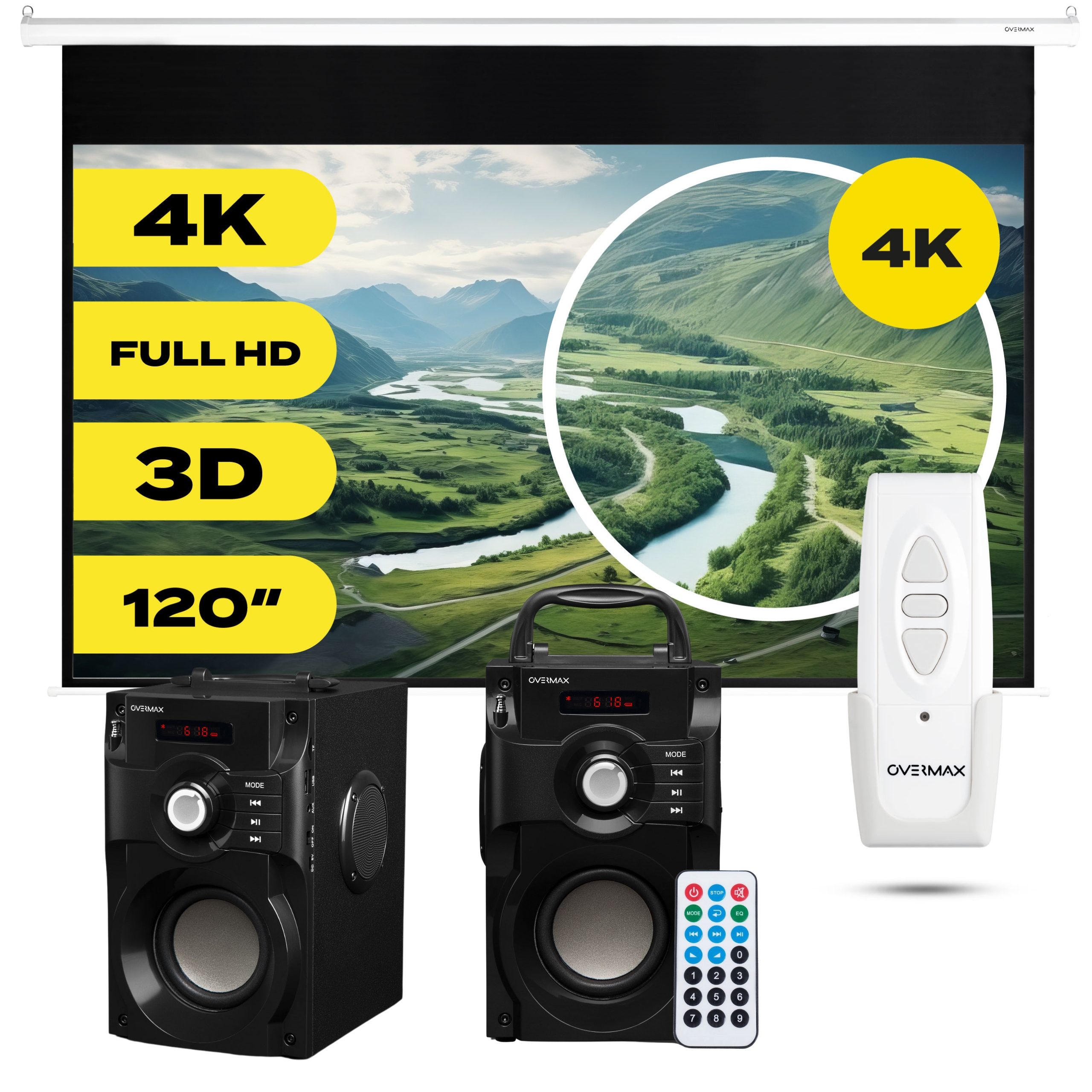 Premietacie plátno 16:9 Overmax Automatické plátno 120 266 cm x 149 cm + prenosný reproduktor OVERMAX SOUNDBEAT 2.0 čierny 15 W
