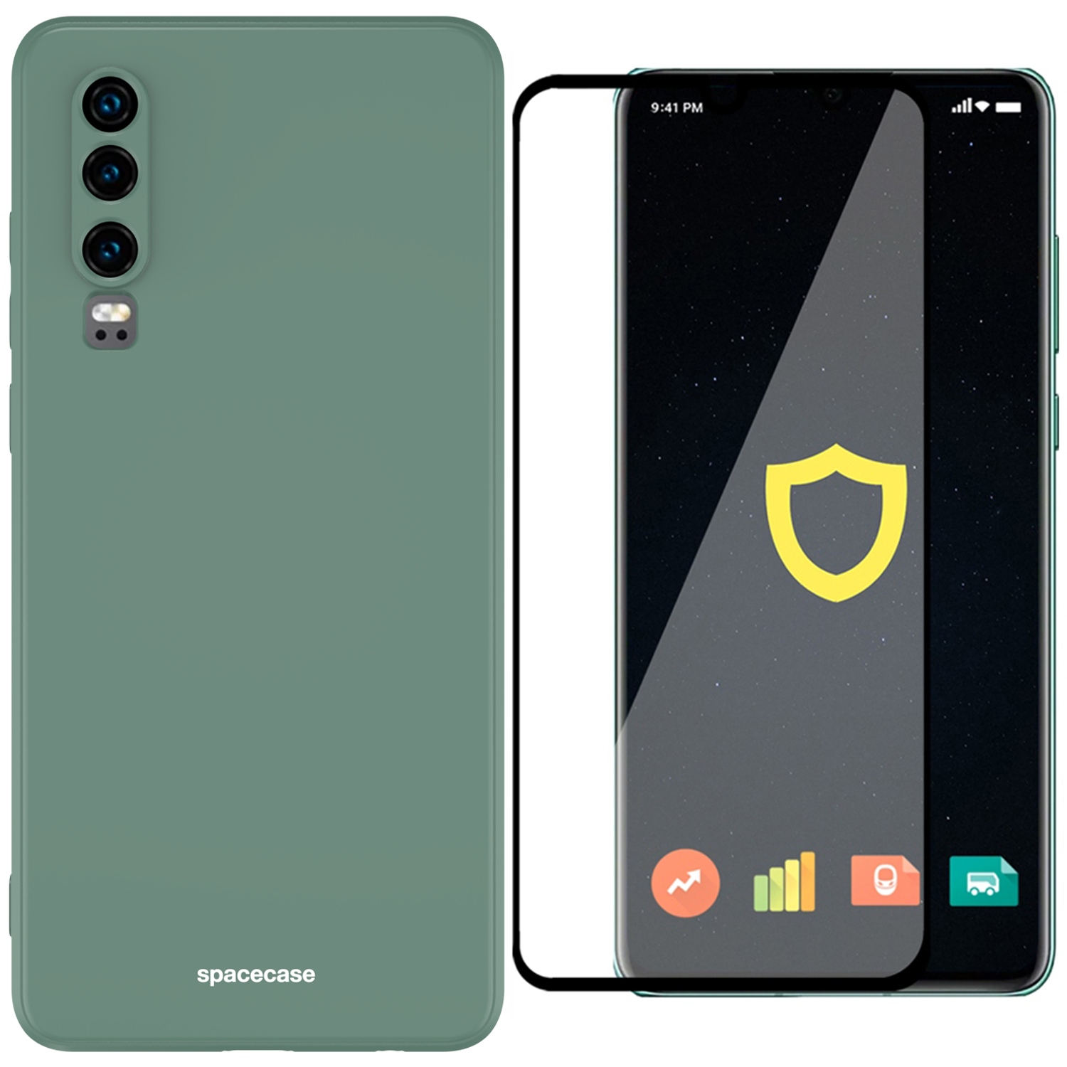 Spacecáza Späť na Huawei P30 Silikón Green + Spacecázové temperované sklo pre Huawei P30