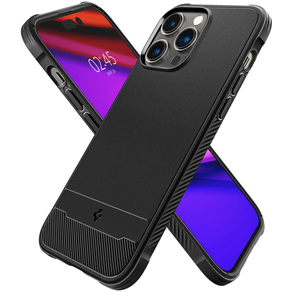 Spigén späť na iPhone 14 Pro v telefóne čierny telefón