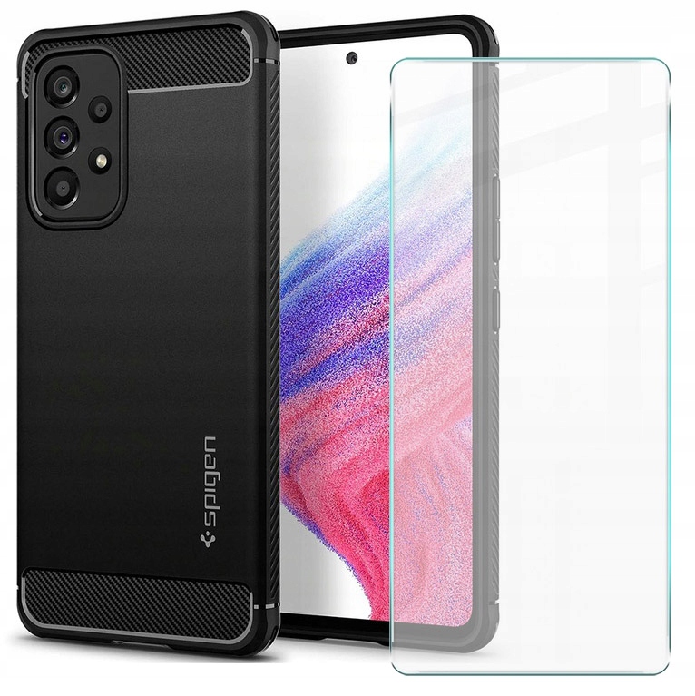 Spigén späť pre Samsung Galaxy A53 5G Rugged Armor Black + Temperované sklo sklo pre Samsung Galaxy A53 5G