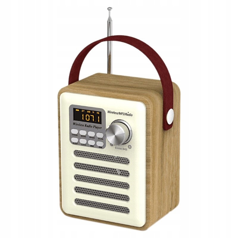 FM Radio Retro Wooden Box Radio s rukoväťou s