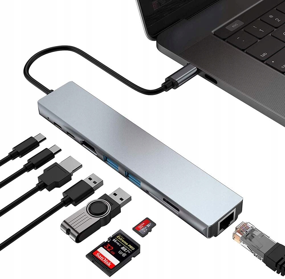 Tradebit 6319 USB-C adaptér pre 8 vstupov, strieborný