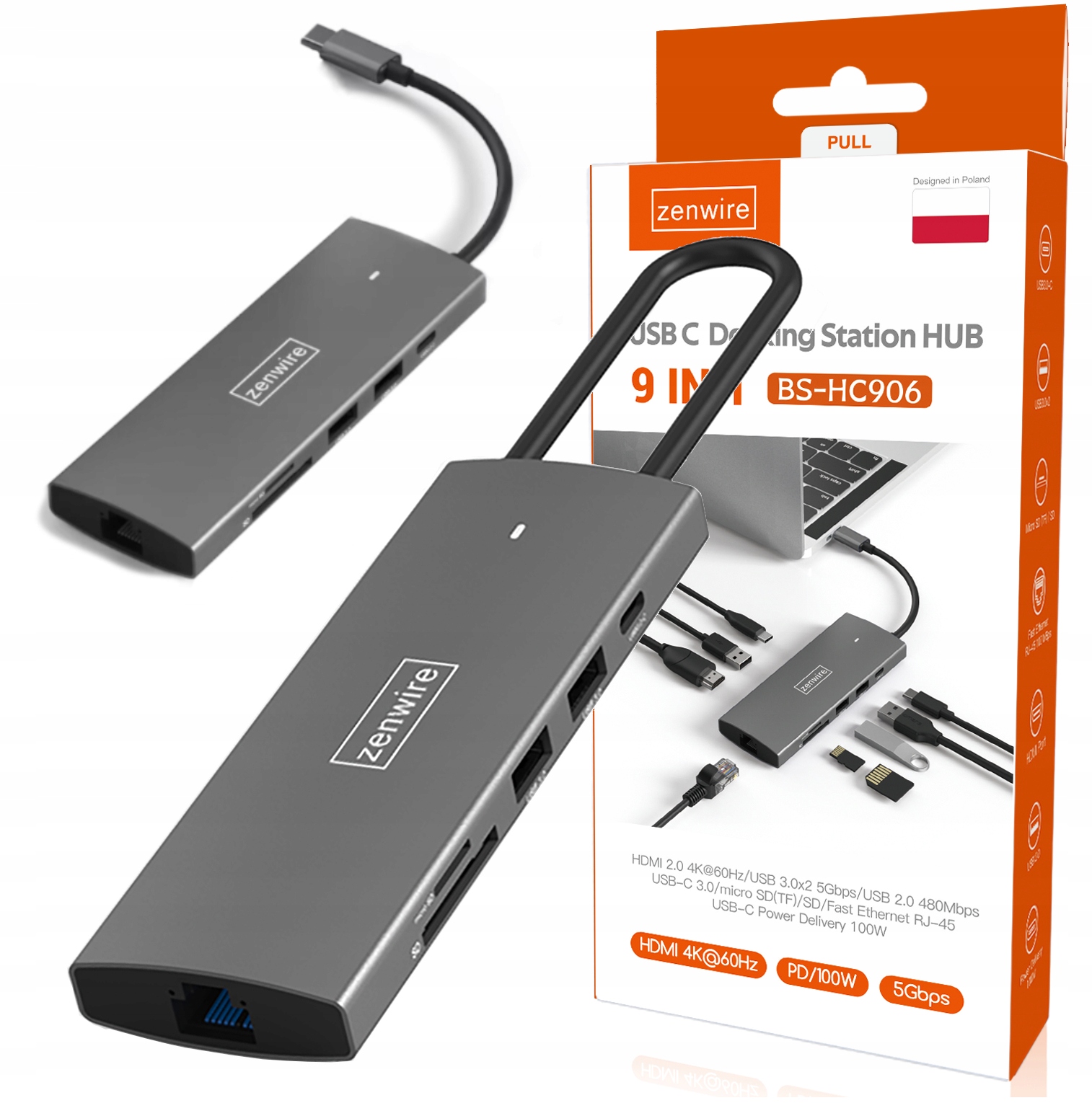 Zenwire Hub 9v1 USB Hub HDMI 4K RJ45 adaptér Čítačka SD kariet