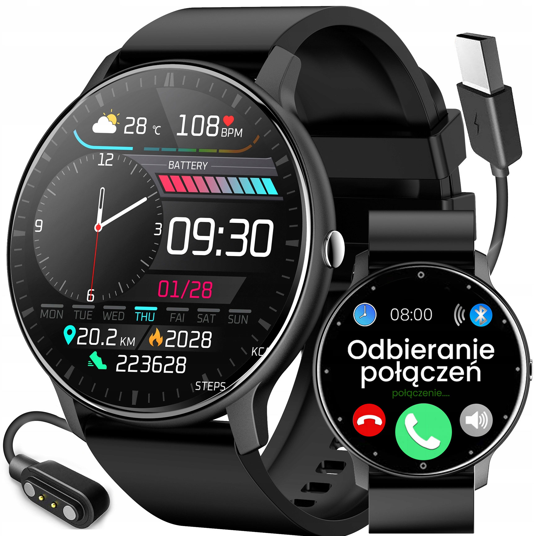 Smartwatch Rubicon Smart Watch čierny + Vyhradený nabíjací kábel pre Smartwatch