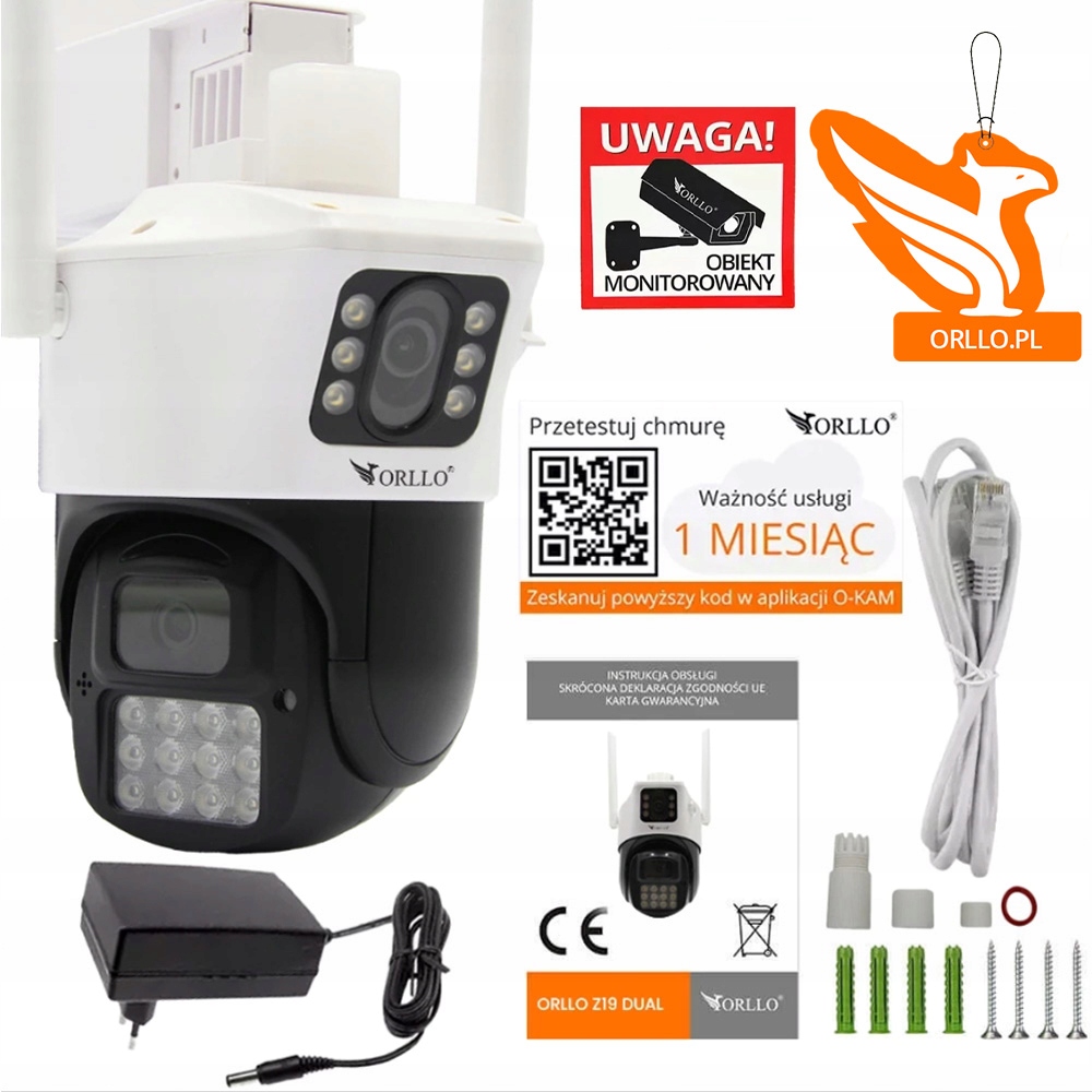 Kamera IP Orllo ZZ19-DUAL + Zasilacz do Kamer 12V/2A CCTV Kamera IP WiFi POE 700mm 110-240V 2.1/5.5