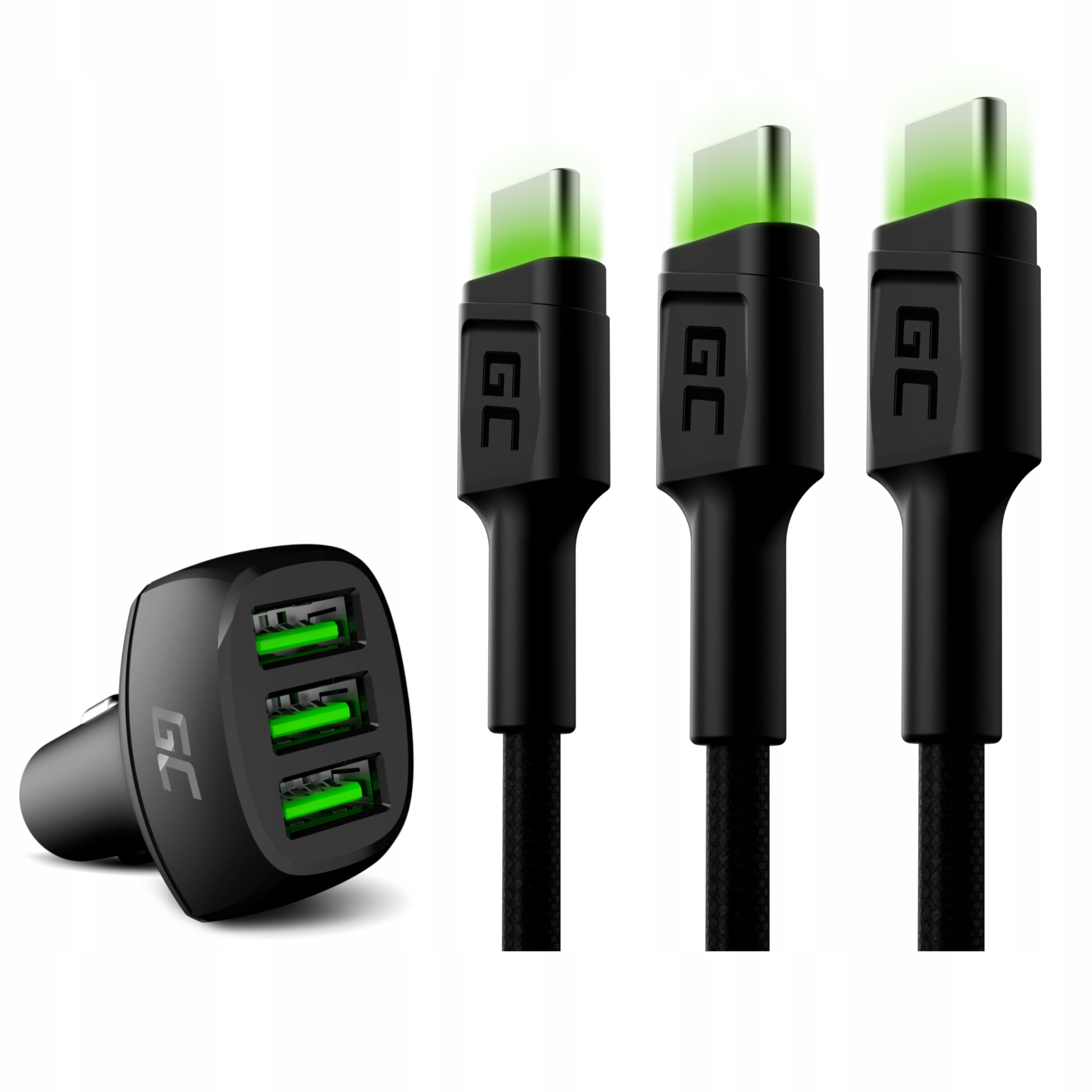 USB Green Cell 3000 CAR nabíjačka má + USB káblovú set - zelená bunka USB typu C