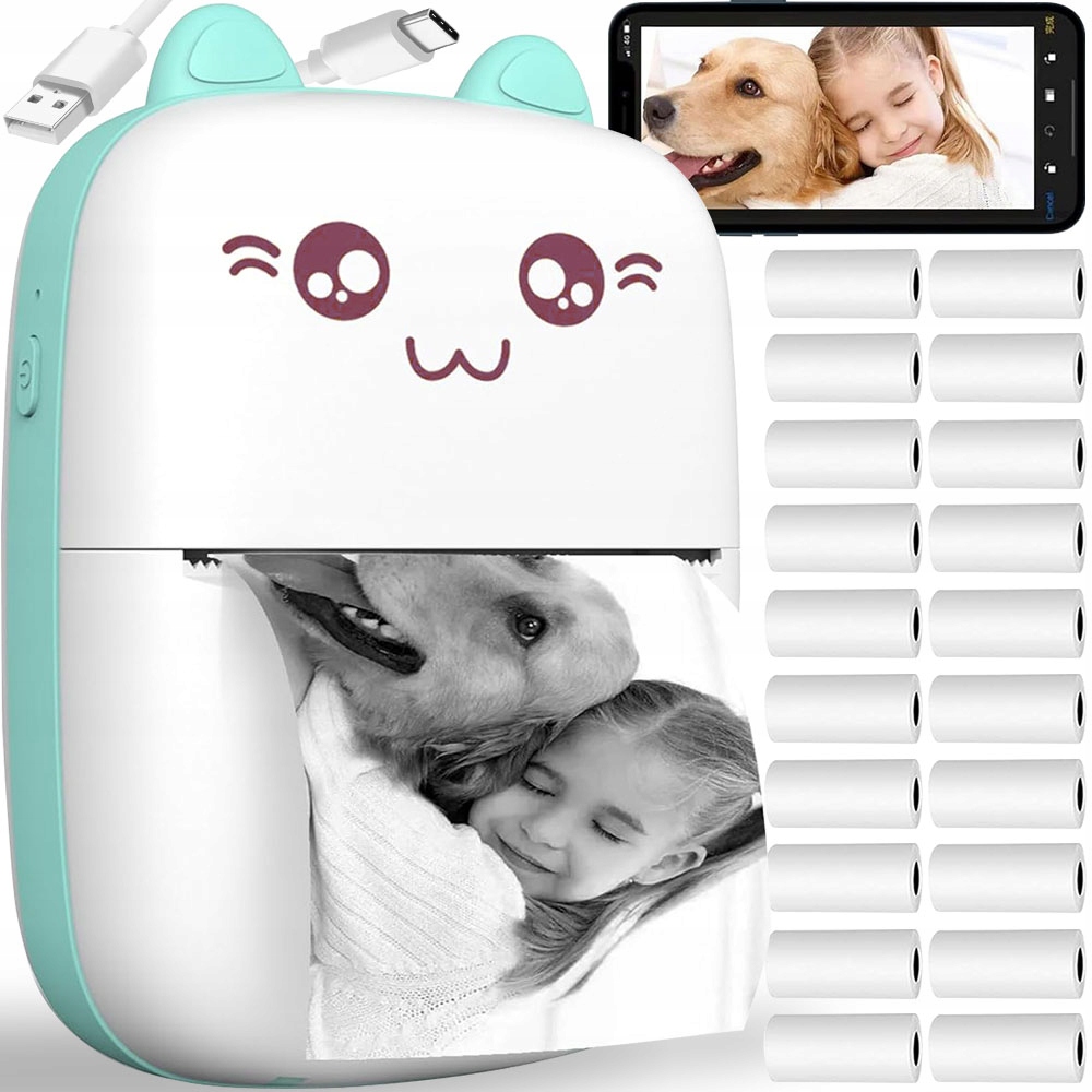 DRUKUŚ MINI TEPELNÁ TLAČIAREŇ PRENOSNÁ BEZDRÔTOVÁ BLUETOOTH + 21× TEPELNÝ PAPIER TEPELNE CITLIVÉ KAZETY PRE TLAČIAREŇ DRUKUŚ PLAIN ROLL