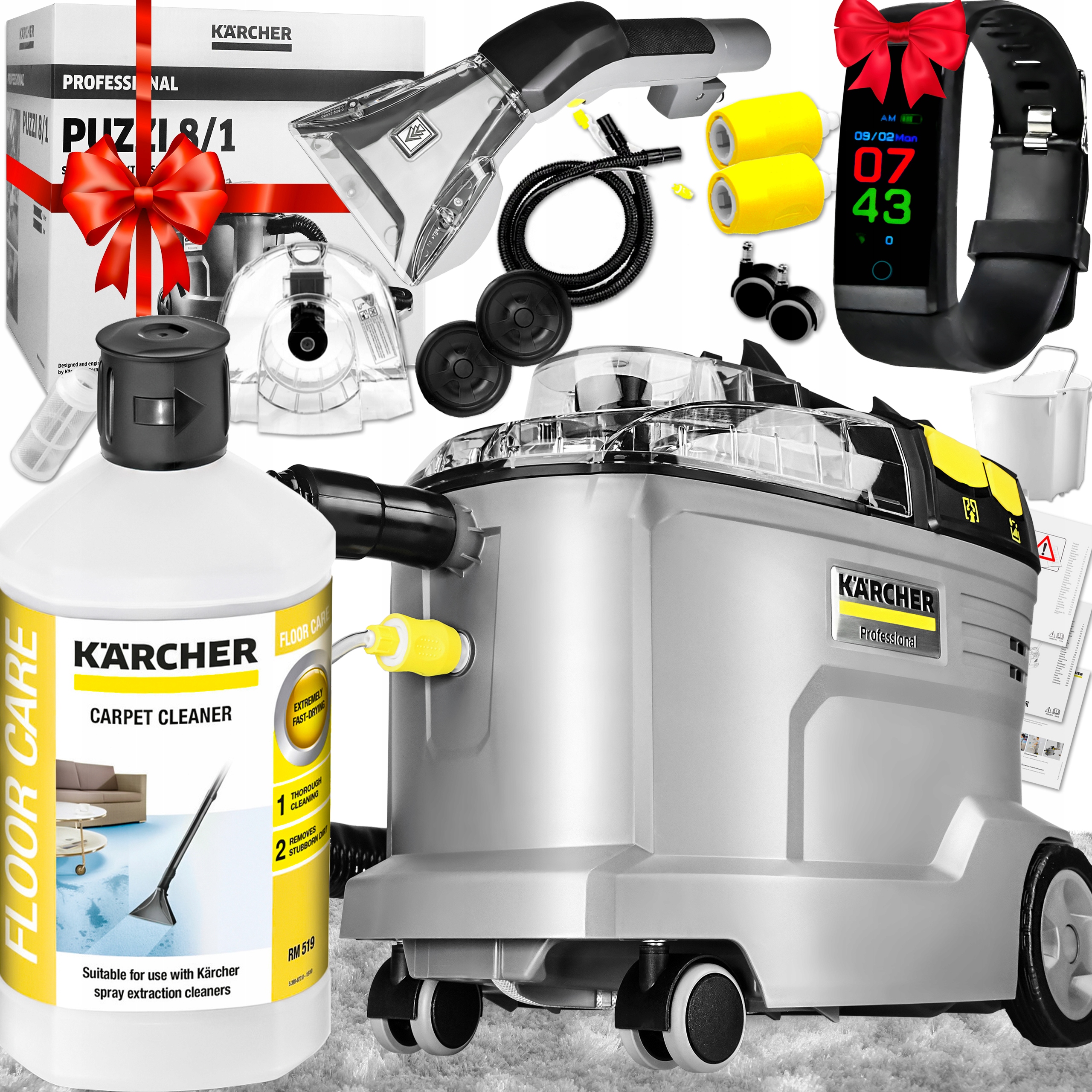 Odchodový vysávač Kärcher Puzzi 8/1 Nový model 1200 W strieborný/šedý + čistiaci prostriedok pre Carcher Karcher 6.295-771.0 1L