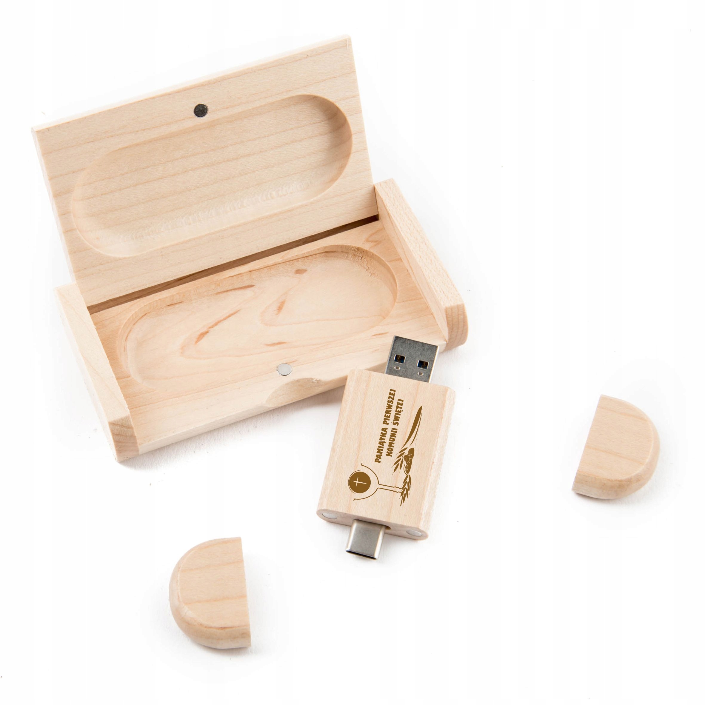 Pendrive drevo MAPLE 64 GB 3.0 + 3.2 USB-C TYP C + KRABIČKA + GRAVÍROVANIE A KOMUNIÓN