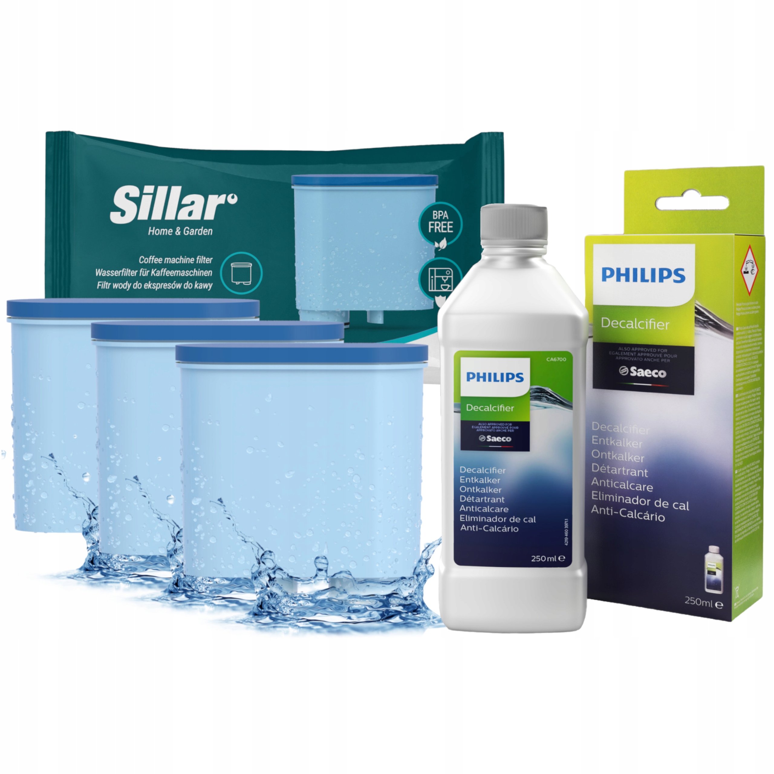 Sillar vodný filter pre kávovary Philips Saeco, 3 kusy + Tekutý odvápňovač pre Philips Saeco Decalcifier 0,25 l