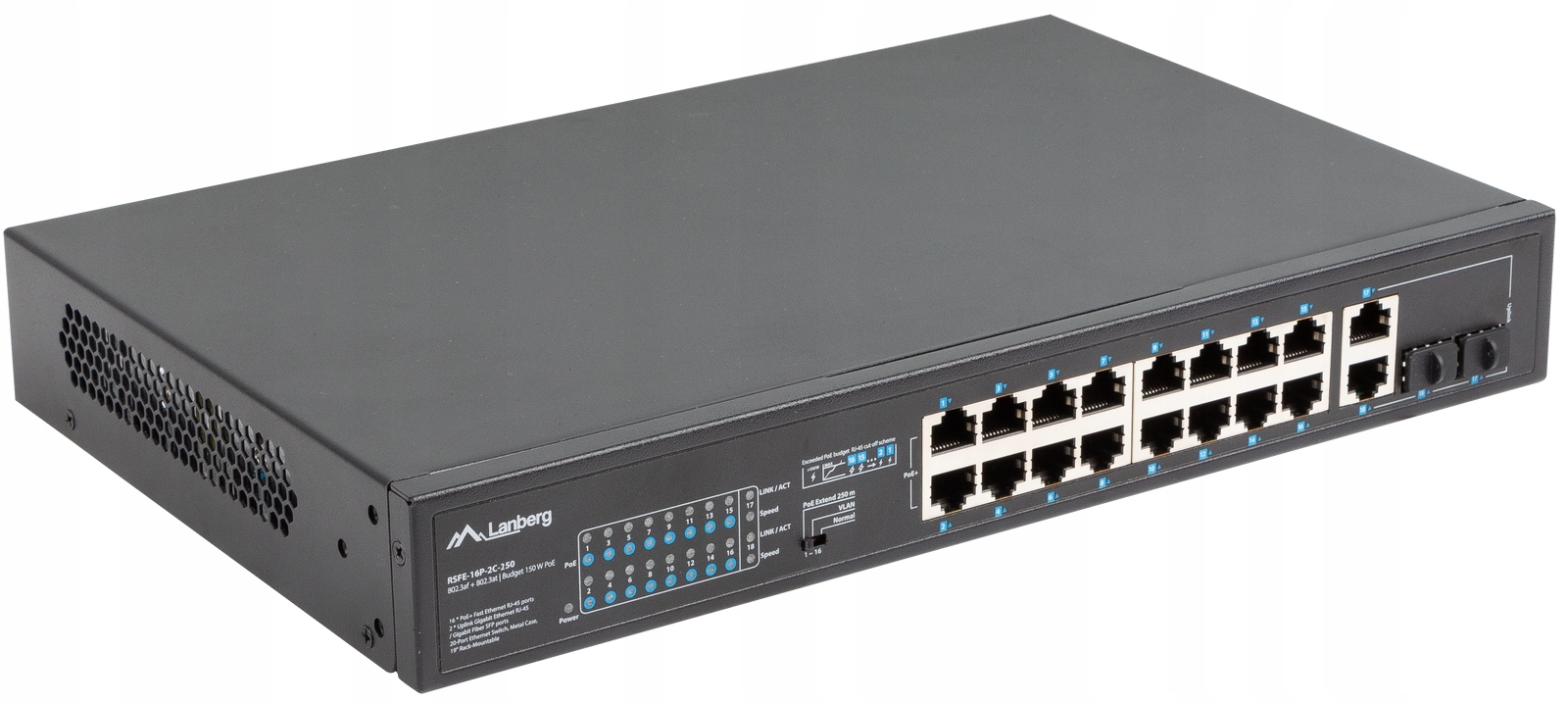 Nespravovaný prepínač Lanberg 16x 100Mb PoE+ 150W