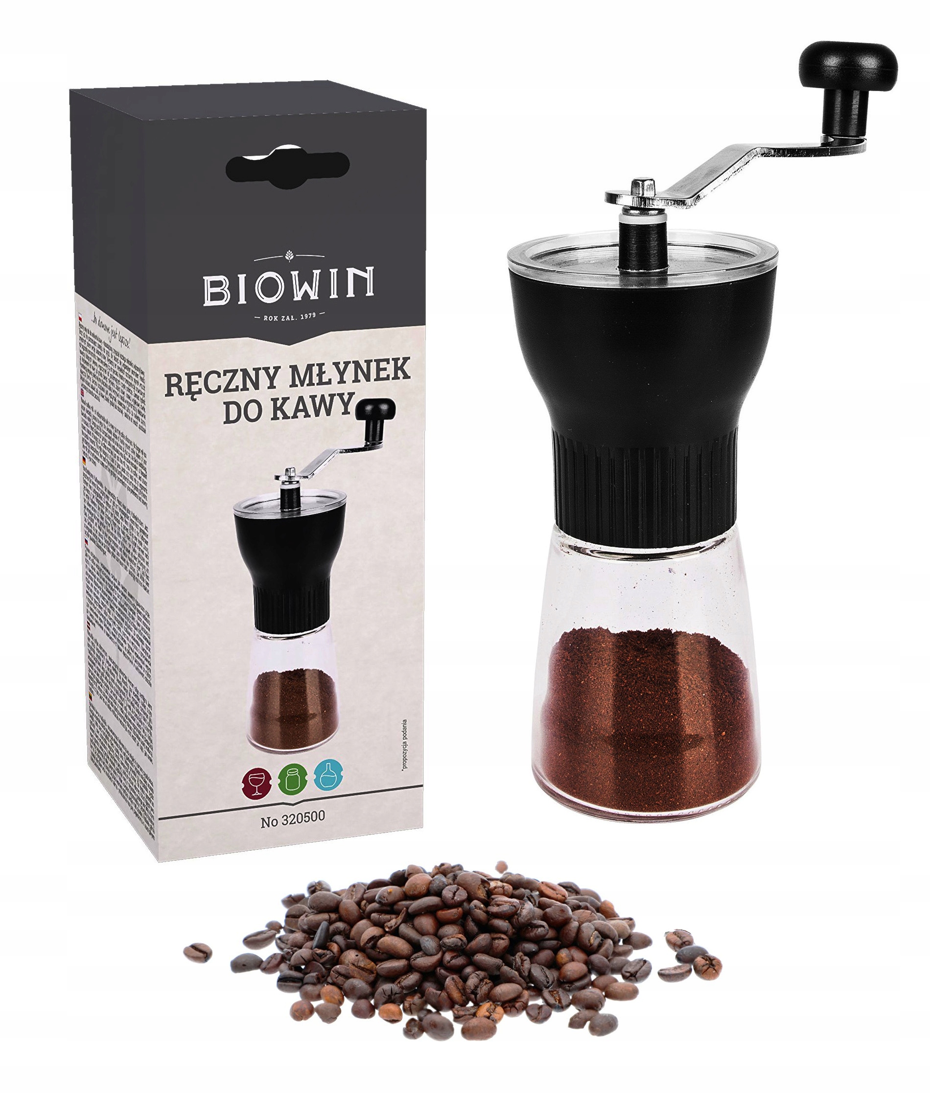 Browin ručný mlynček, sklo, 35 g, čierny