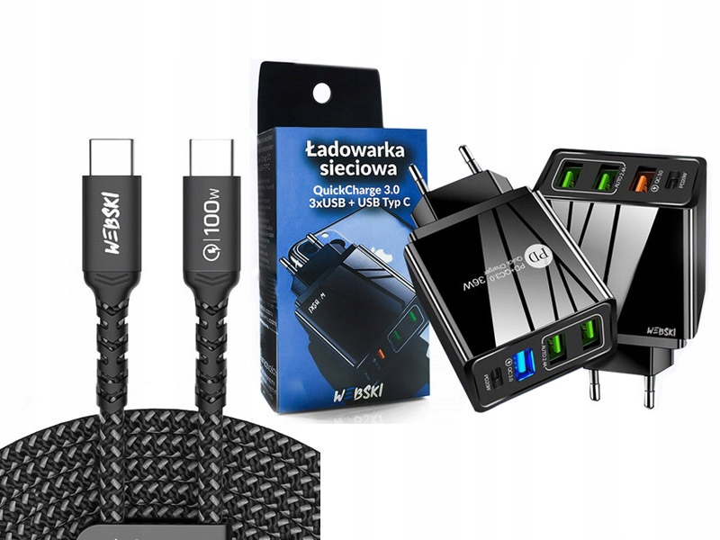 Sieťová nabíjačka Webski QC 3.0. 3x USB + TYP C + SILNÝ WEBOVÝ KÁBEL 200CM 100W 5A QC PD USB-C/USB-C