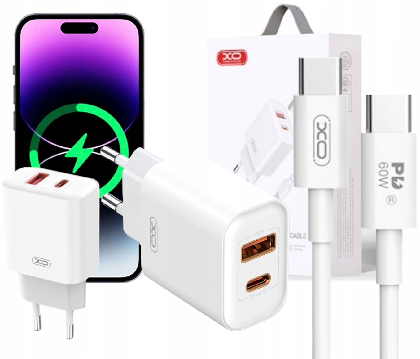 XO CE12 QC 3.0 20 W nástenná nabíjačka 1x USB 1x USB-C biely + USB-C - USB-C kábel