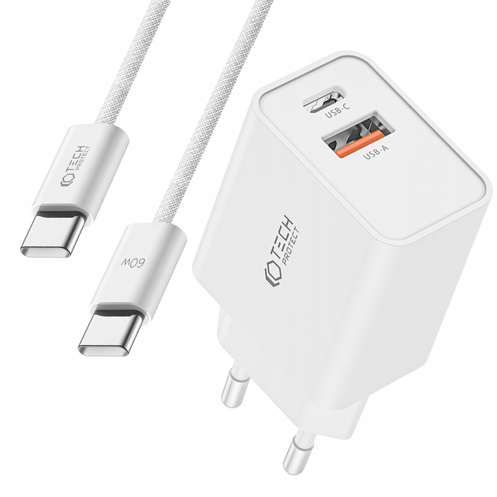 SIEŤOVÁ NABÍJAČKA PD-30W + KÁBEL PRE - IPHONE 15 + TECH-PROTECT - KÁBEL USB-C TYP-C PD-60W / 6A - ODOLNÝ Oplet - 100CM