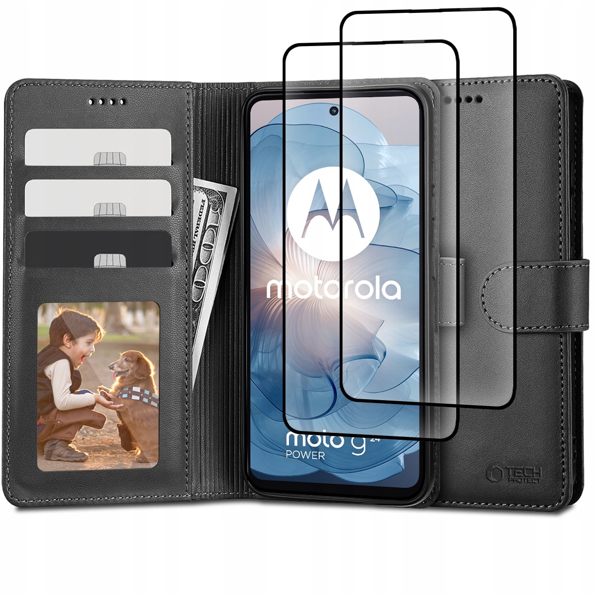 Flipové puzdro Tech-protect pre Motorola Moto G24 / G24 Power / G04 Wallet black + 2× tvrdené sklo Hofi pre Motorola Moto G24 / G04 2 ks.