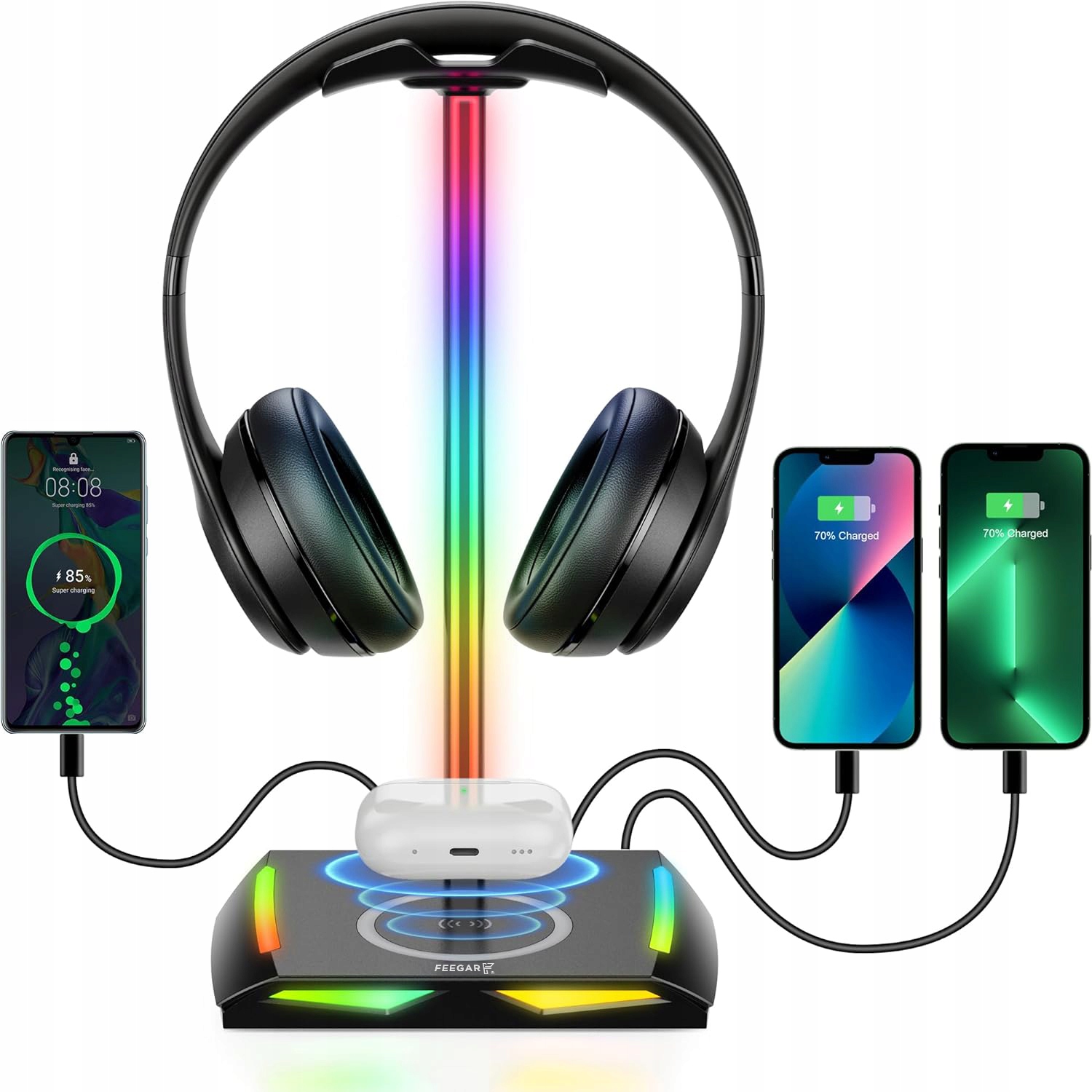 FEEGAR HOLD STOJAN NA SLÚCHADLÁ RGB podsvietenie HUB 3x USB Type-C indukčný