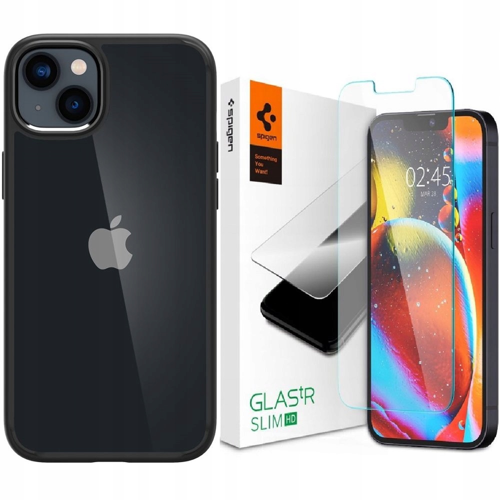 Spigen Back for Apple iPhone 14 Black + Spigén Temperované sklo pre Apple iPhone 13/13 Pro / 14