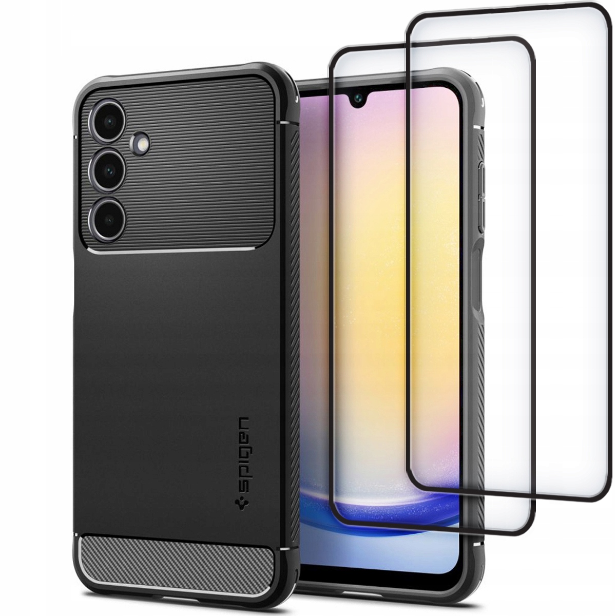 Spigen chrbty pre Samsung Galaxy A25 5G Rugged Armor black + 2× tvrdené sklo Hofi pre Samsung Galaxy A15 4G/5G / A25 5G 2 ks.