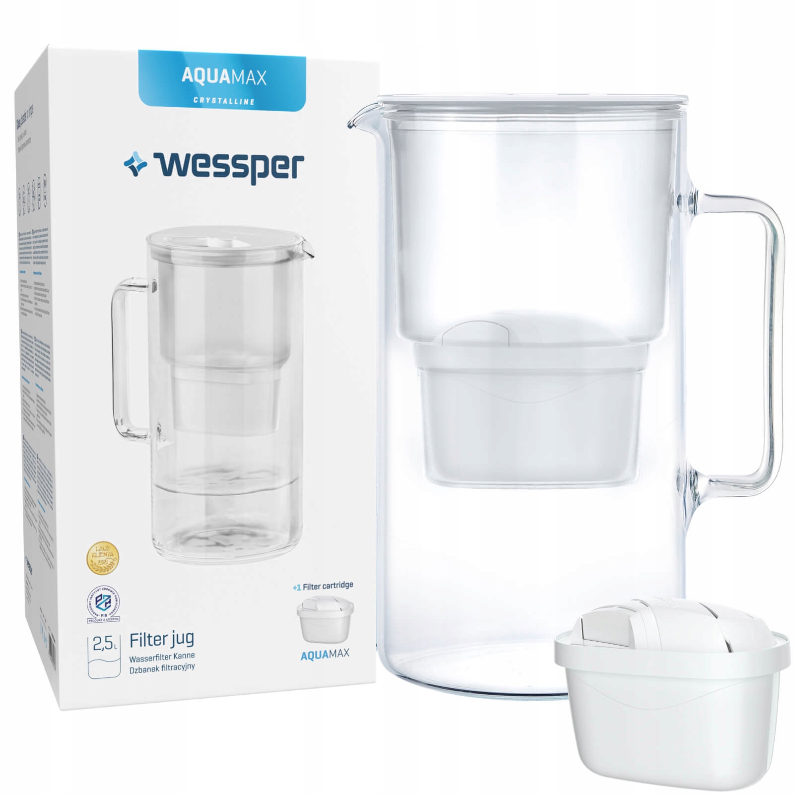 Borosilikátová filtračná kanvica Wessper D2 Aquamax 3,3 l biela