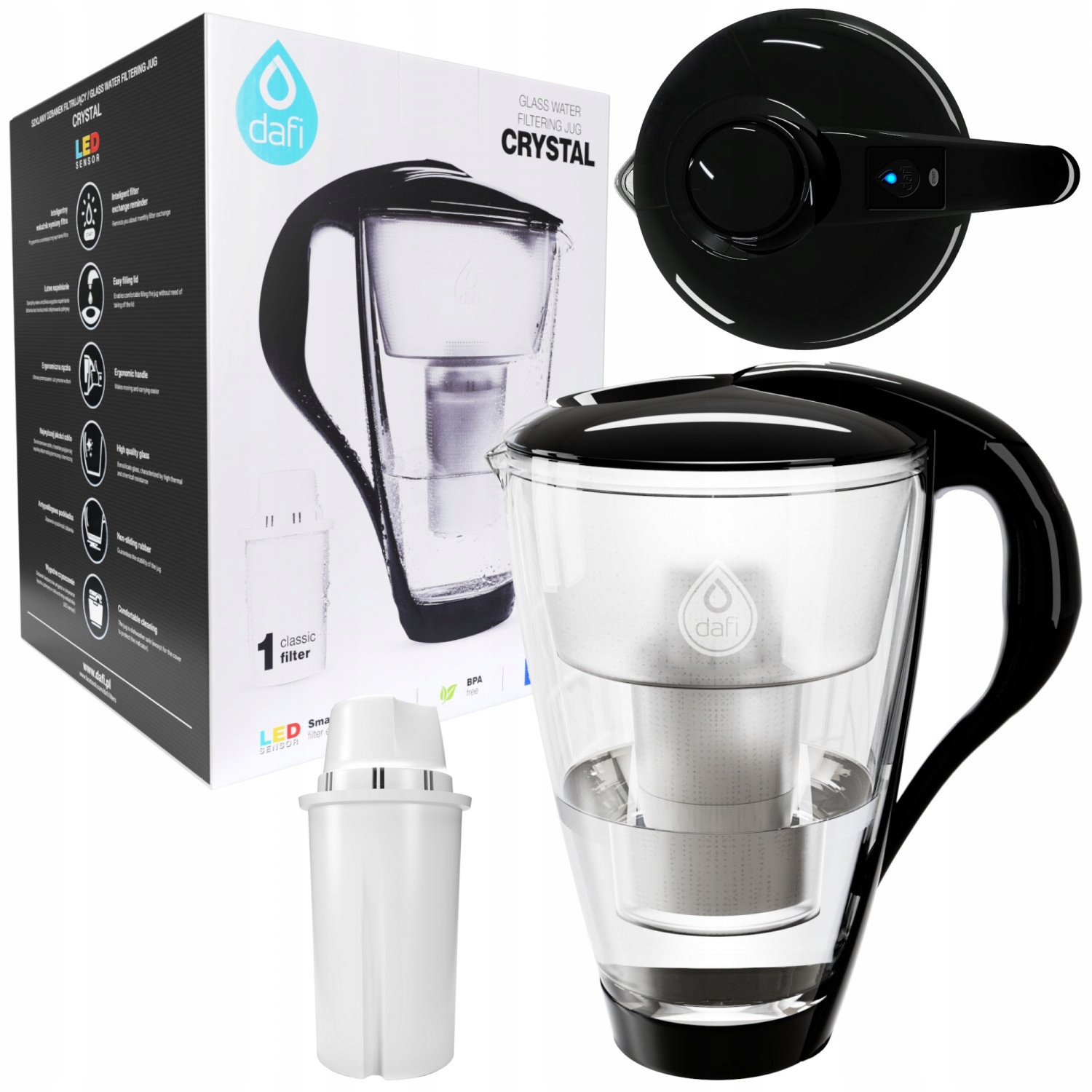 Sklenená filtračná kanvica Dafi Crystal LED 2 l strieborná/šedá