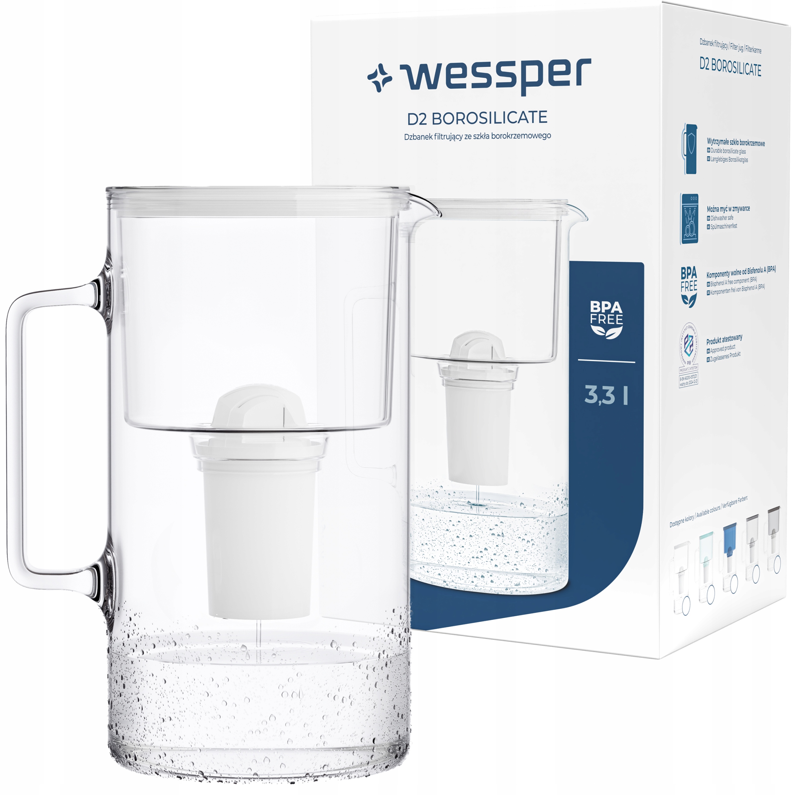 Borosilikátová filtračná kanvica Wessper D2 Aquaclassic 3,3 l biela