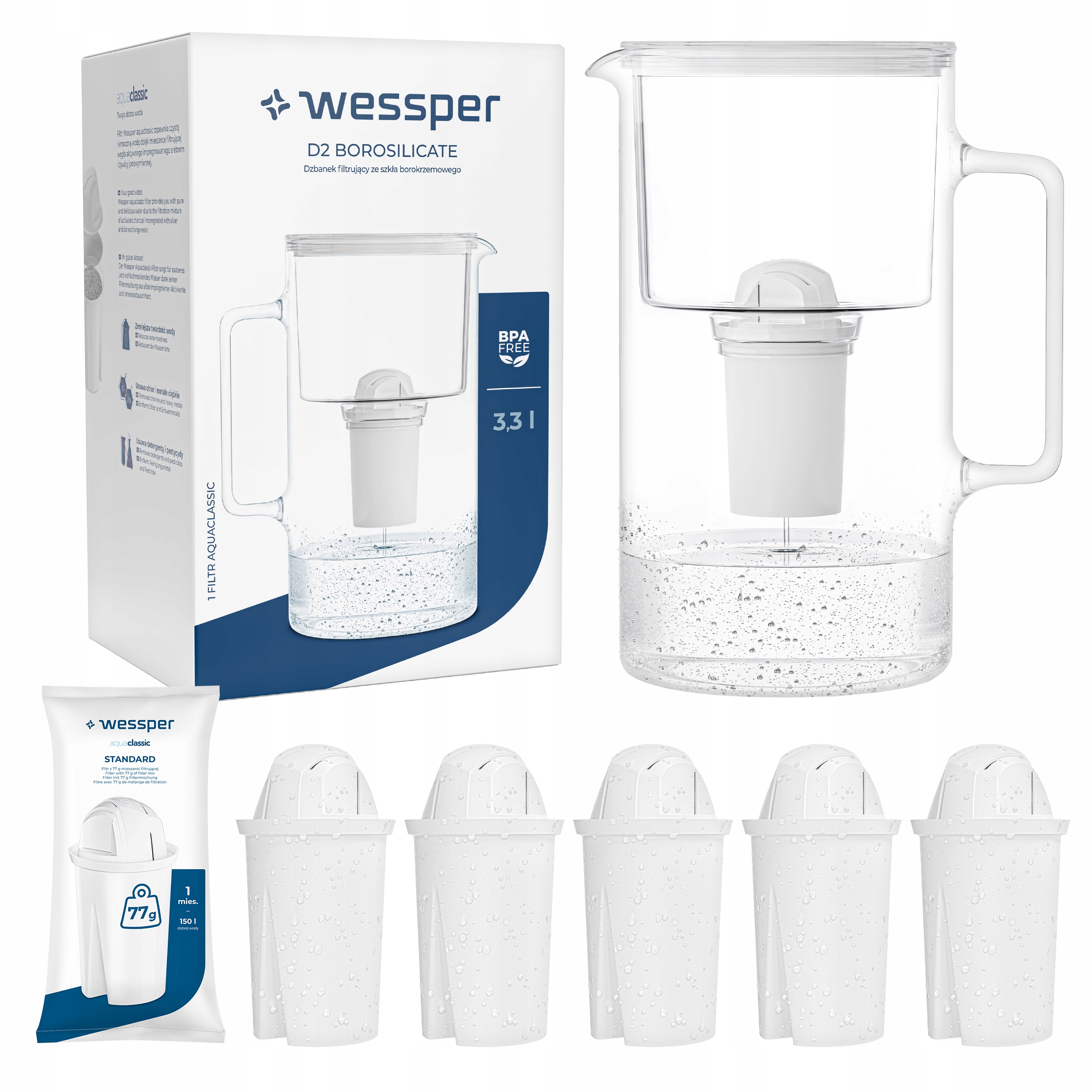 Borosilikátová filtračná kanvica Wessper D2 Aquaclassic 3,3 l biela