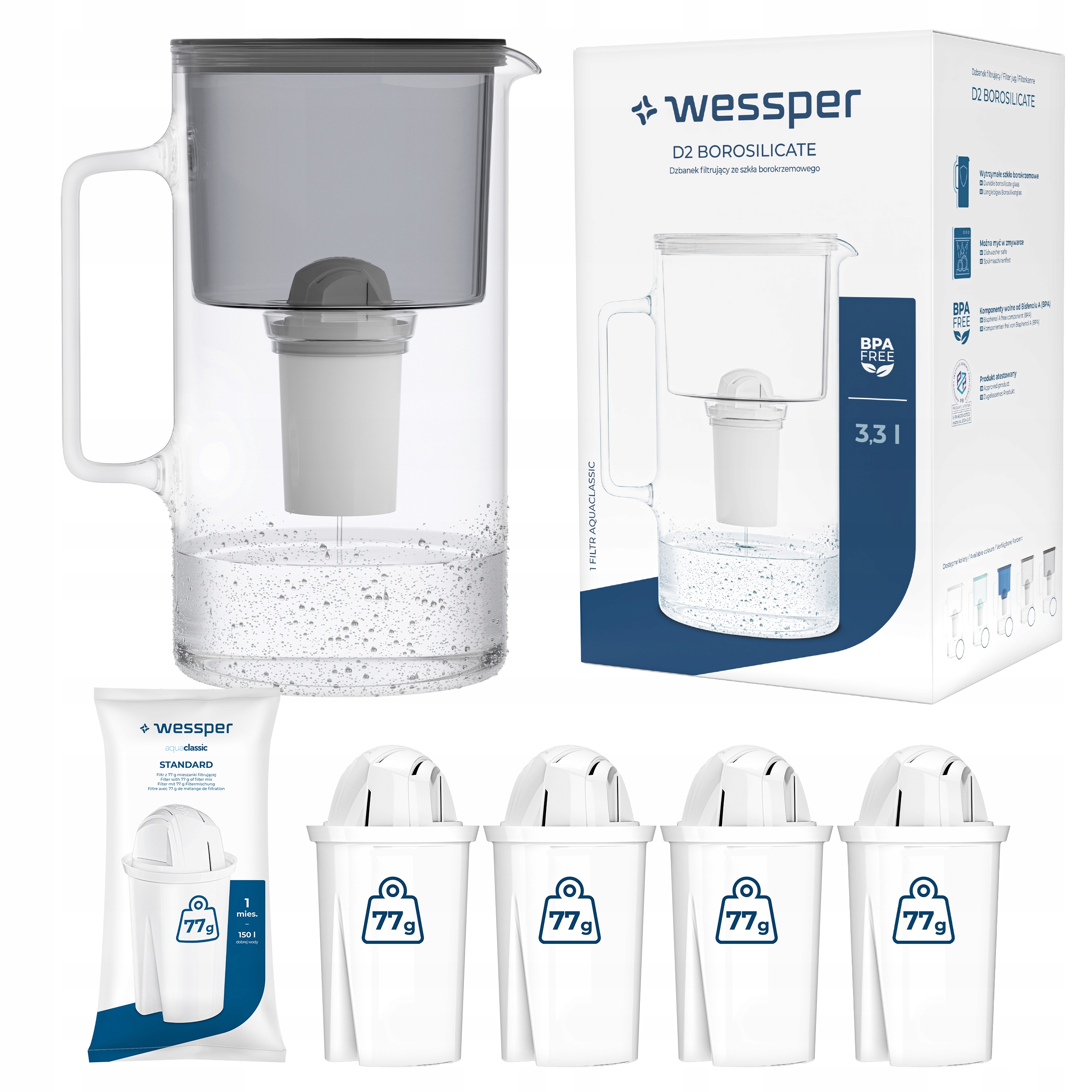 Borosilikátová filtračná kanvica Wessper D2 Aquaclassic 3,3 l čierna