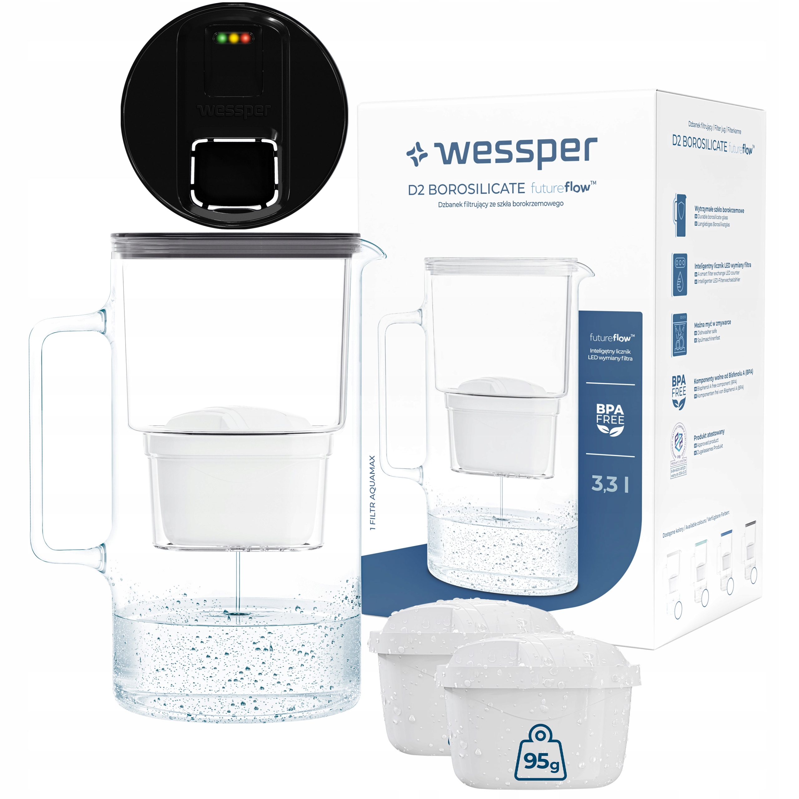 Borosilikátová filtračná kanvica Wessper D2 FutureFlow Aquamax 3,3 l čierna
