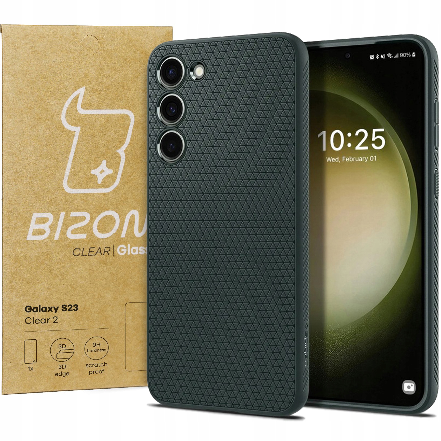 Spigen Liquid Air zadná časť pre Samsung Galaxy S23 čierna + tvrdené sklo Bizon pre Samsung Galaxy S23 1 ks.