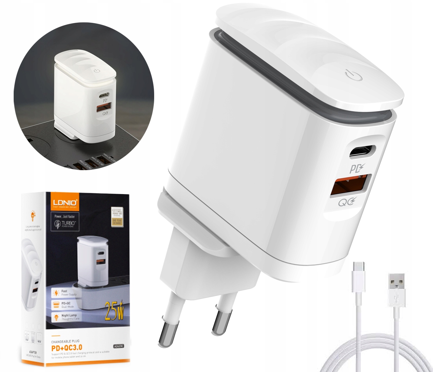 Rýchla nabíjačka USB Nabíjačka LED žiarovka QC PD 25W