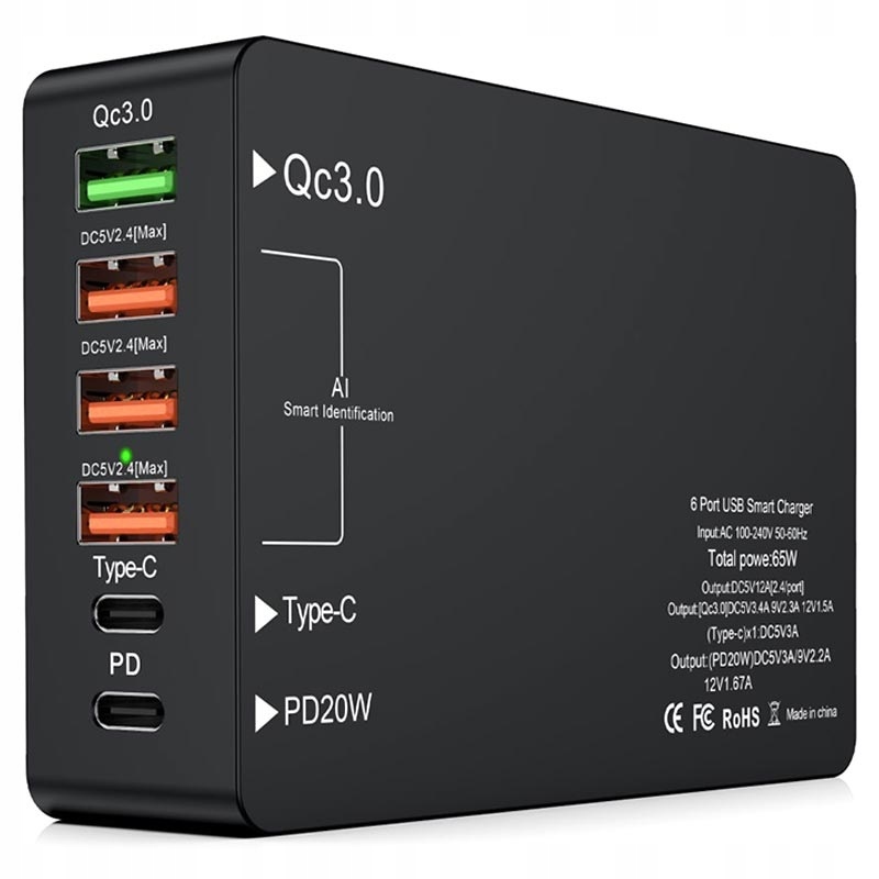 Fast Network Charger 6 USB C PD 20W QC3.0 65W