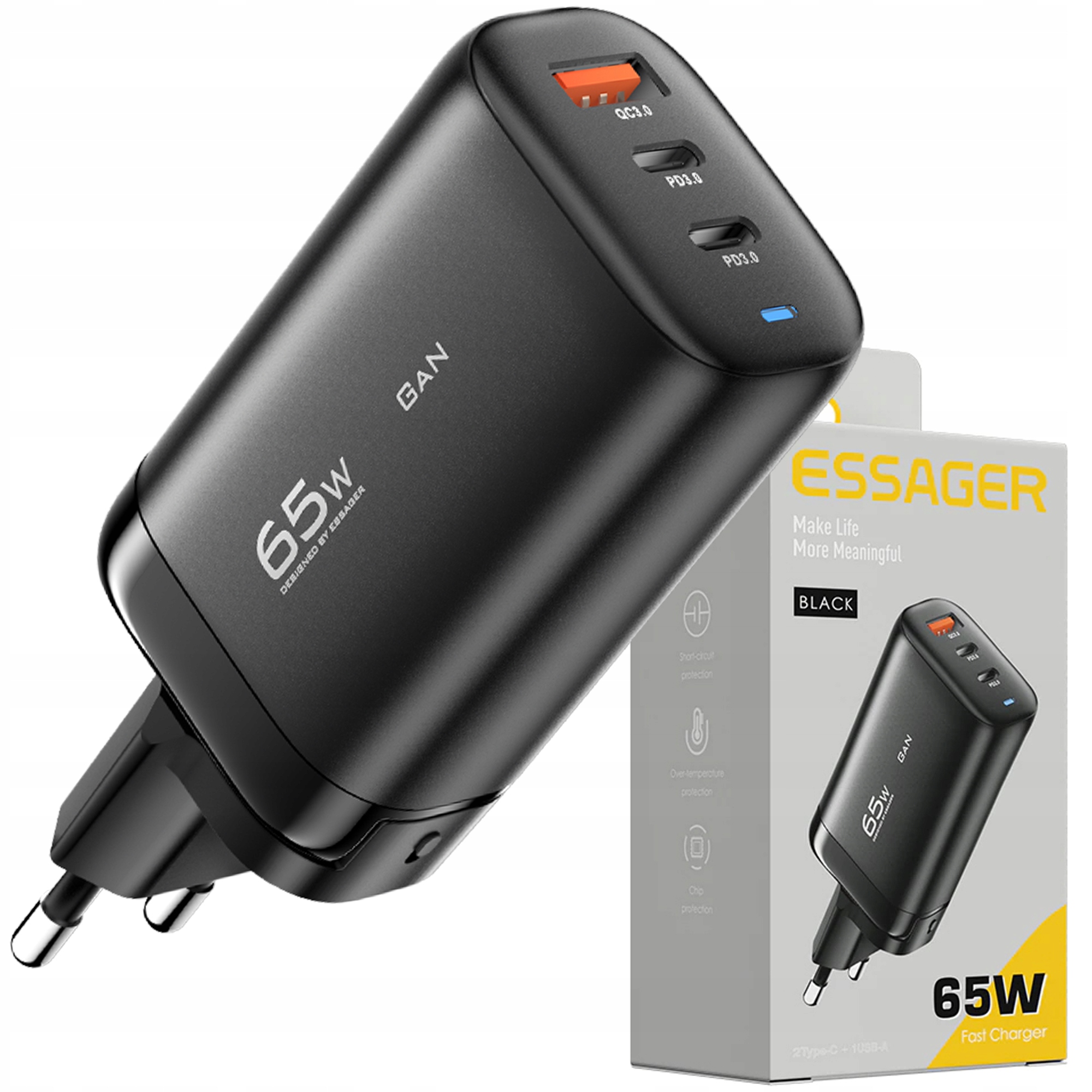 Napájanie rýchleho nabíjačky 3xusb 65 W QC3.0+ PD3 Gan