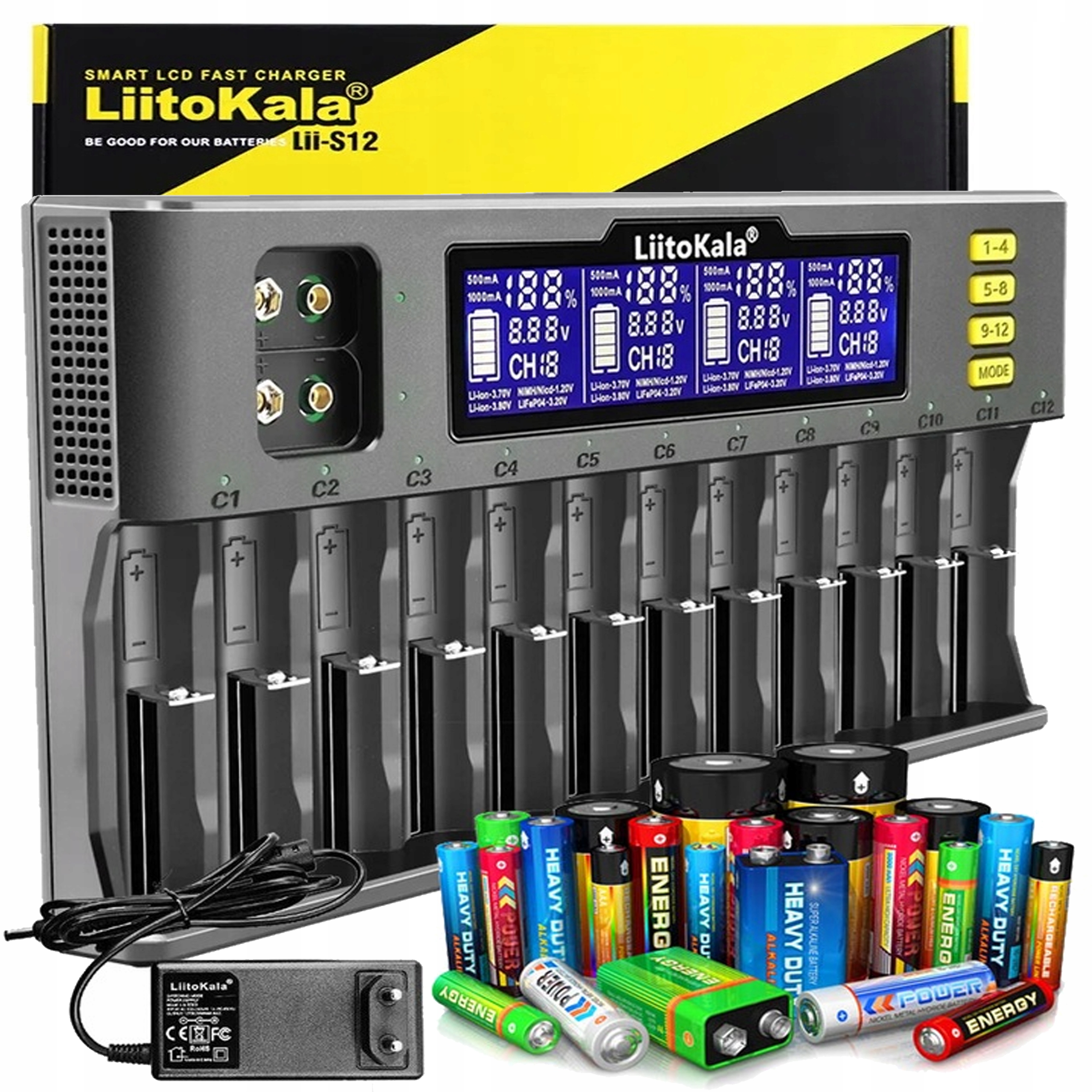 Ładowarka LiitoKala Lii-S12 12 16340, 17670, 18350, 18650, 20700, 21700, 26650, AA, AAA