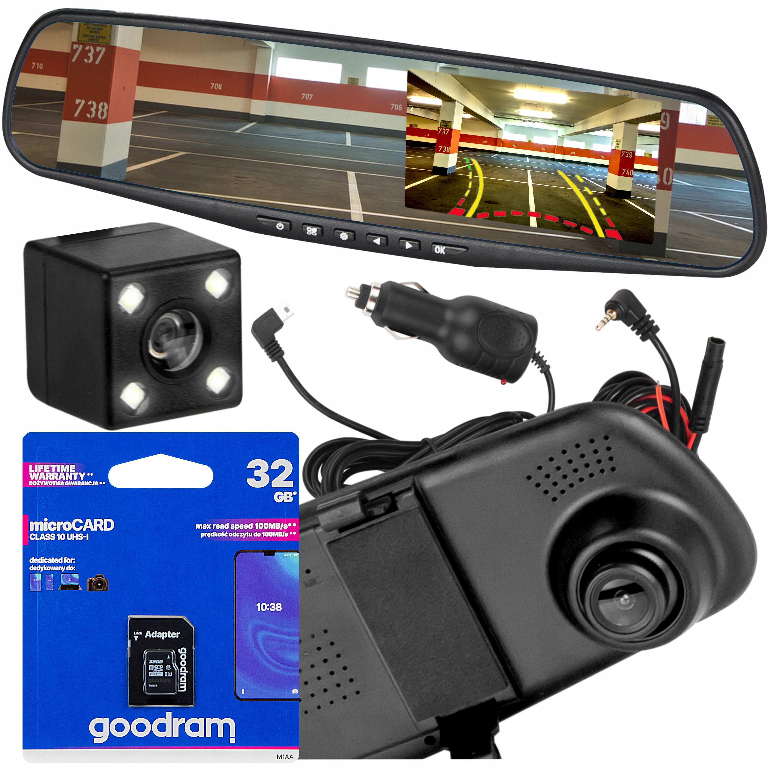 Zrkadlový rekordér DVR s cúvacou kamerou + pamäťová karta SDHC Goodram M1AA-0320R12 32 GB