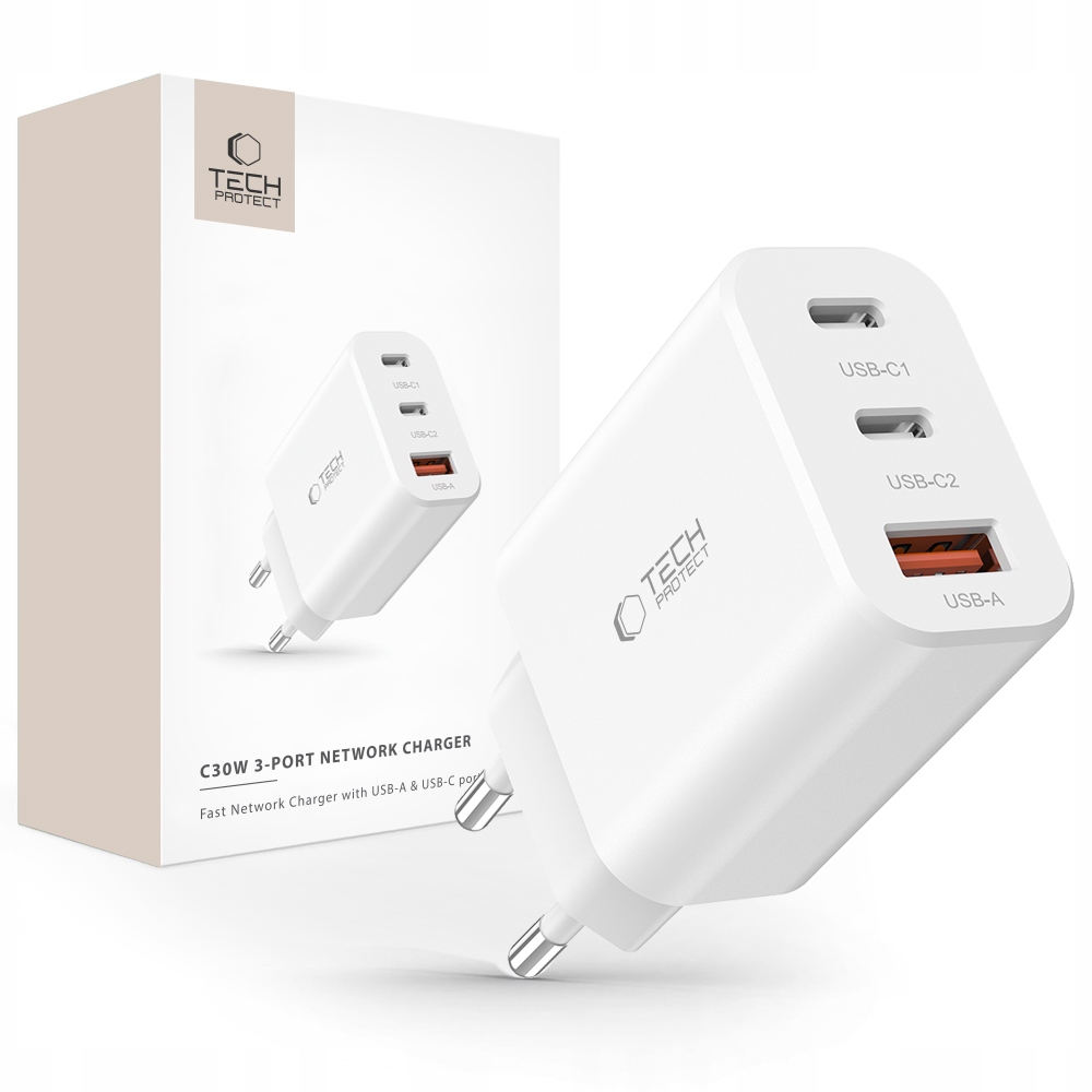 30W Tech-Protect PD USB-C USB-A nástenná nabíjačka