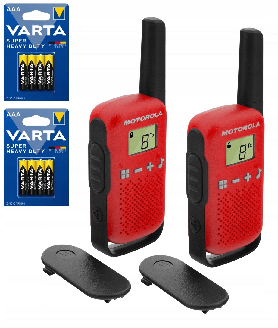 Motorola T42 červené vysielačky 2 kusy + 2× Varta AAA zinkovo-uhlíkové batérie (R3) 4 ks.