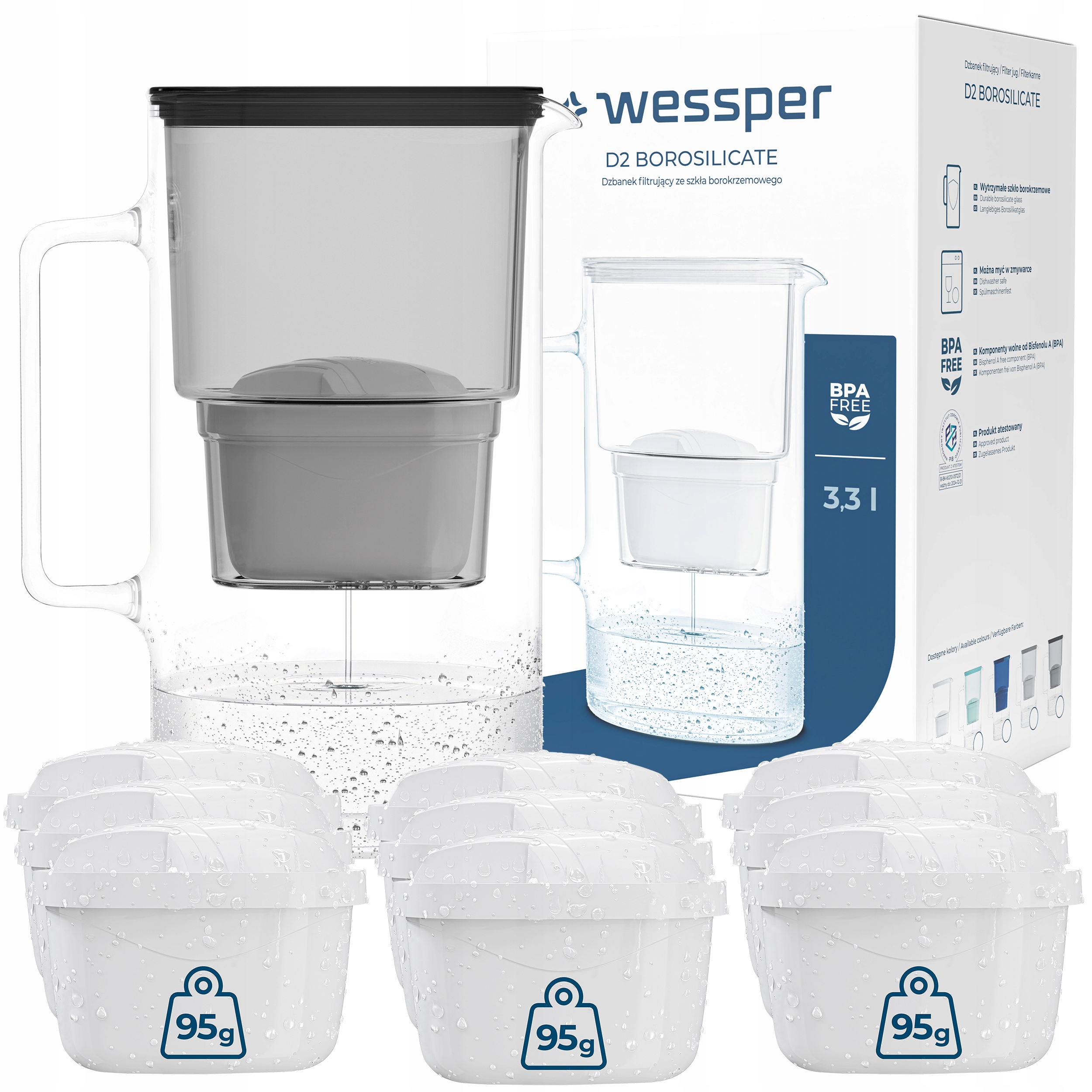 Borosilikátová filtračná kanvica Wessper D2 Aquamax 3,3 l biela